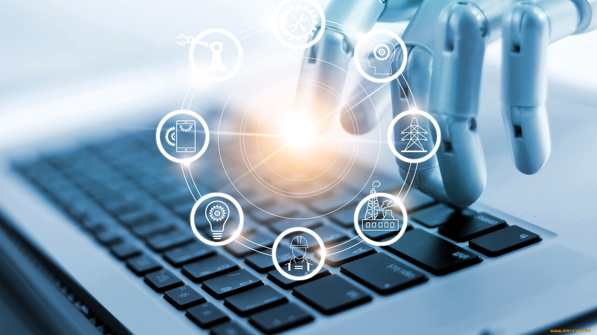 компьютеры, мониторы, , ноутбуки, клавиатура, значки, рука, робот