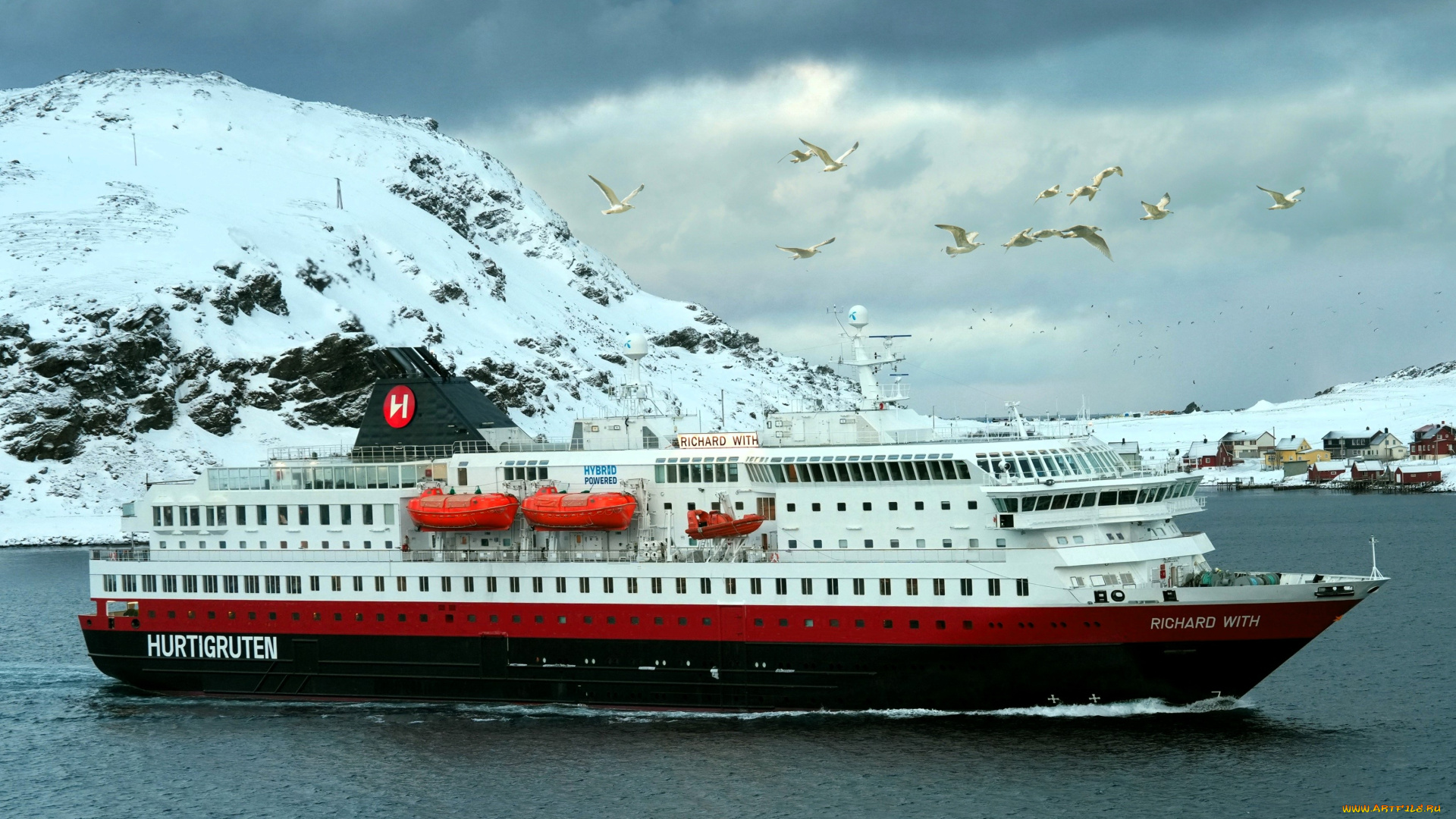 корабли, теплоходы, теплоход, море, горы, снег, зима, чайки, берег, норвегия