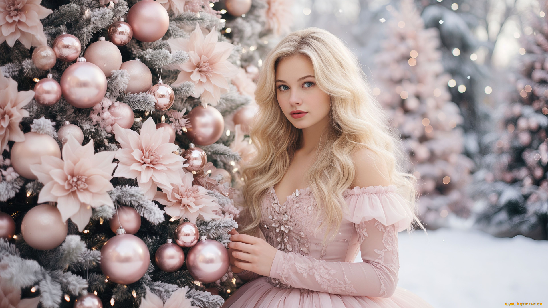 нейросеть, 3д, графика, люди, , people, блондинка, декольте, красивая, девушка, digital, art, новогодние, игрушки, новогодняя, елка, цифровое, искусство, искуственный, интеллект