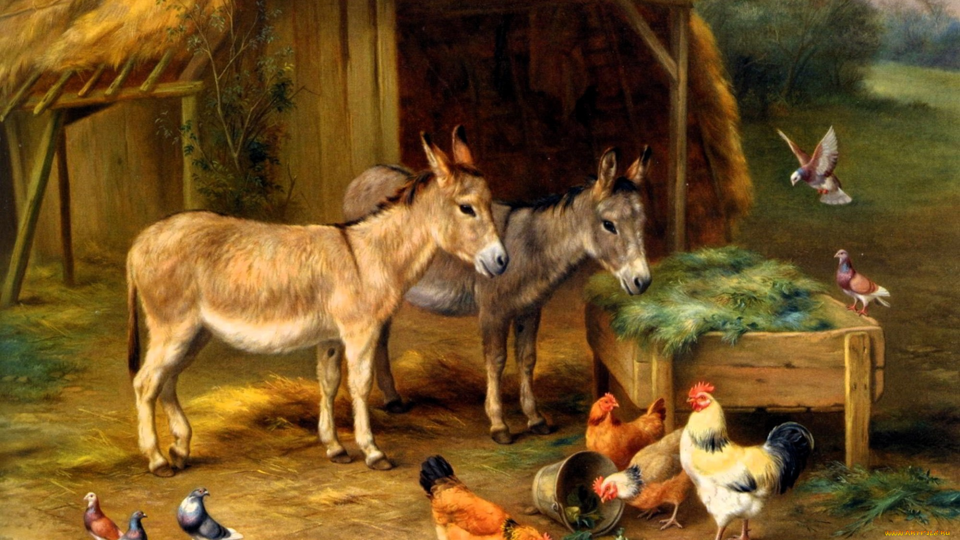 рисованное, edgar, hunt, куры, голуби, ослы, сарай, кормушка, сено