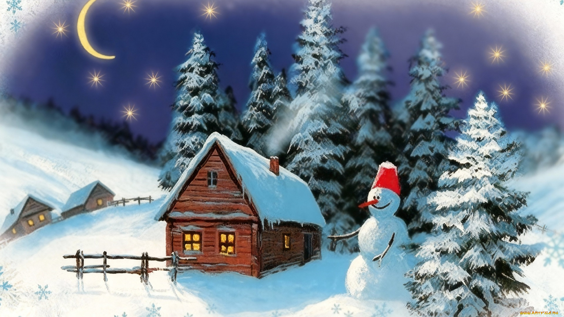 рисованное, праздники, пейзаж, новогодняя, снеговик