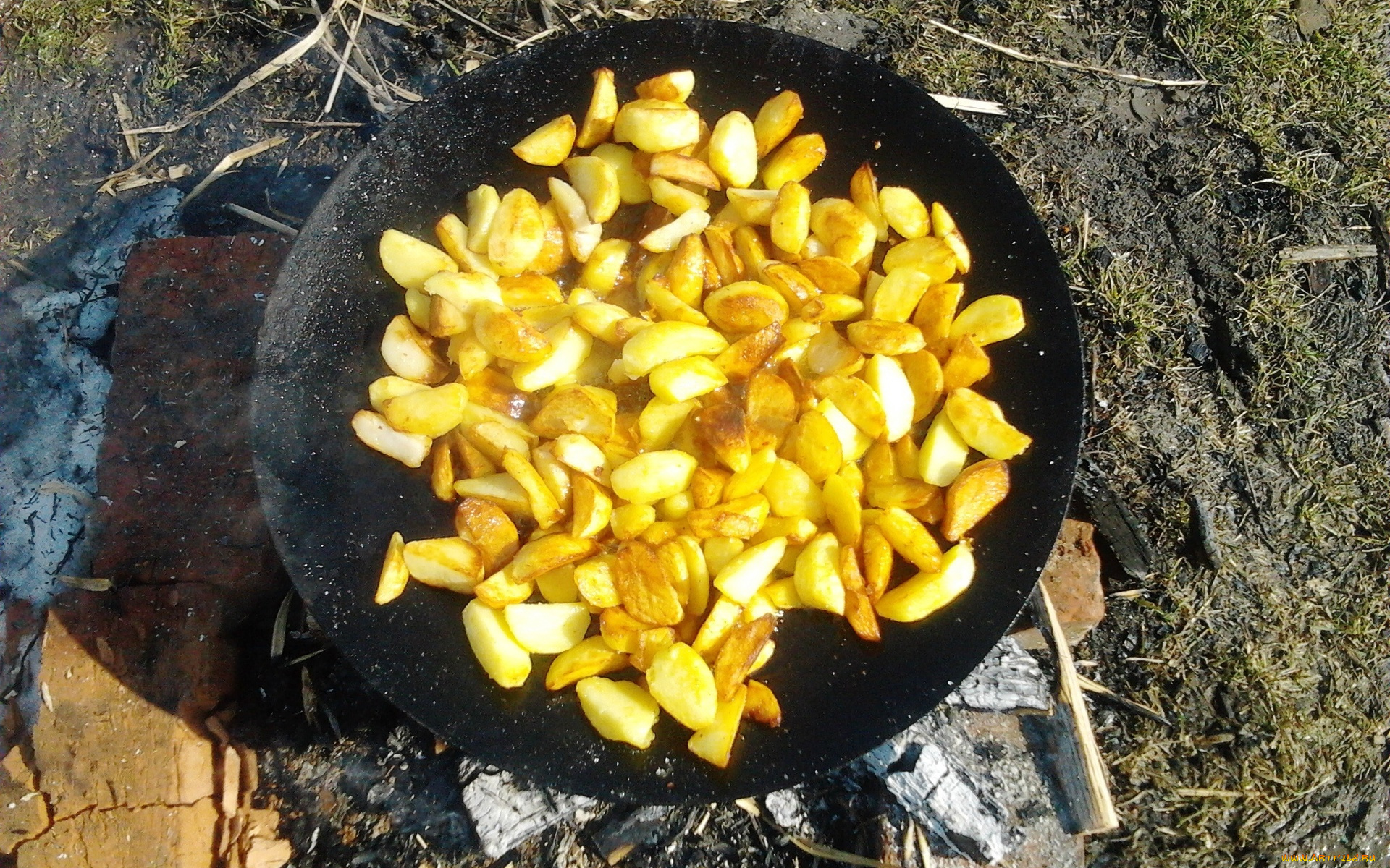 еда, картофель, костер, сковорода, ломтики