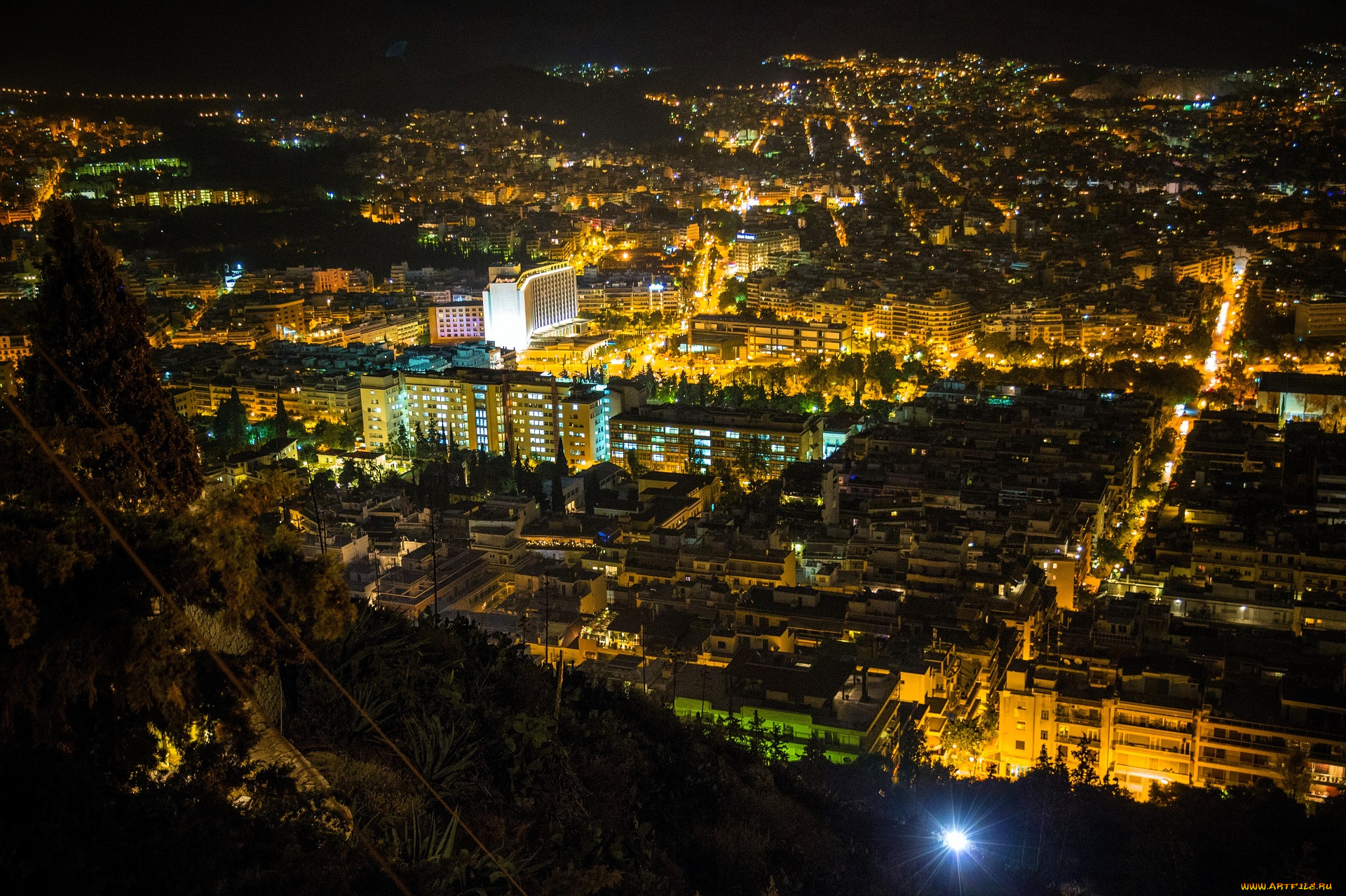города, афины, , греция, дома, здания, панорама, огни, ночь