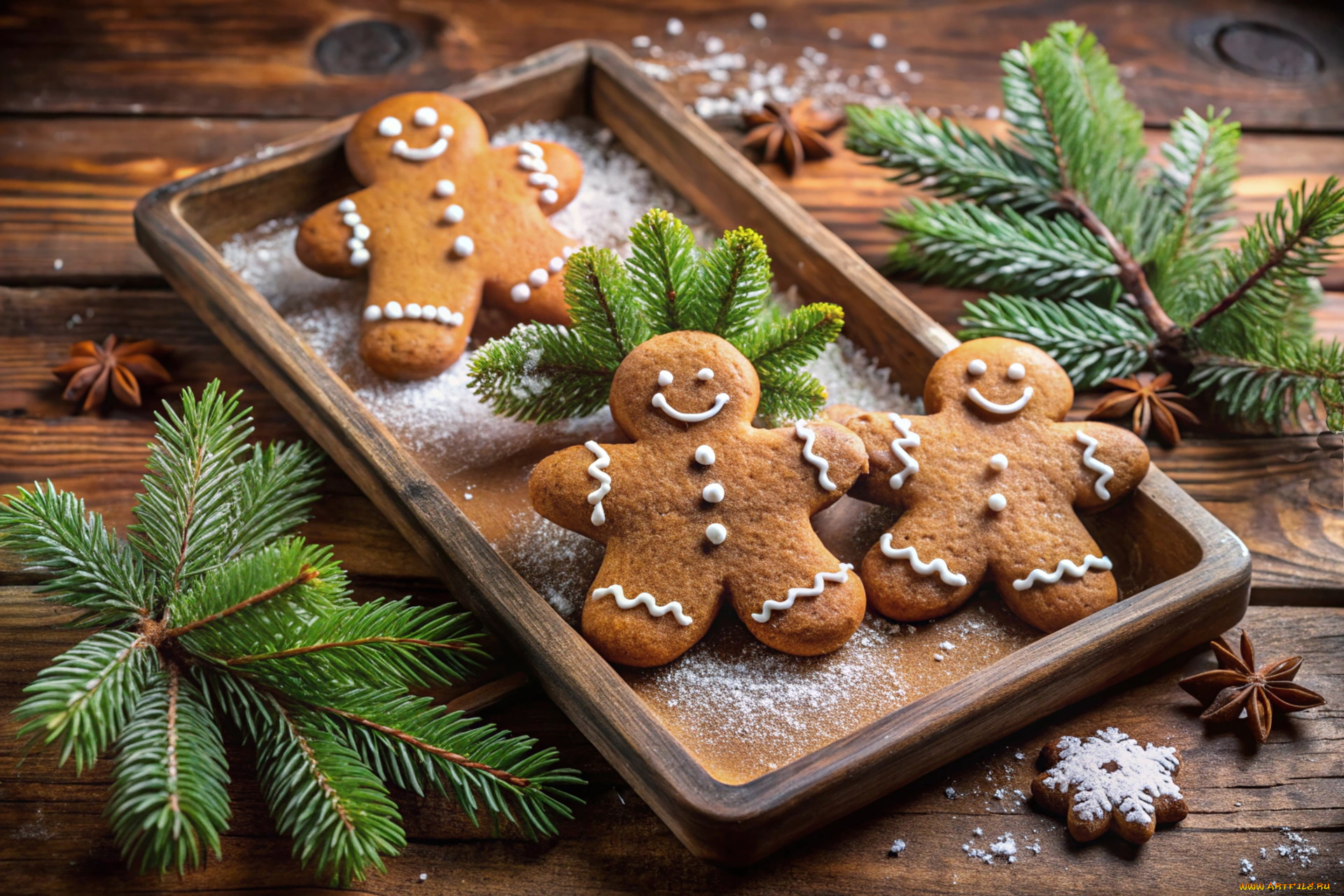 3д, графика, праздники, , holidays, еловые, ветки, пряничные, человечки