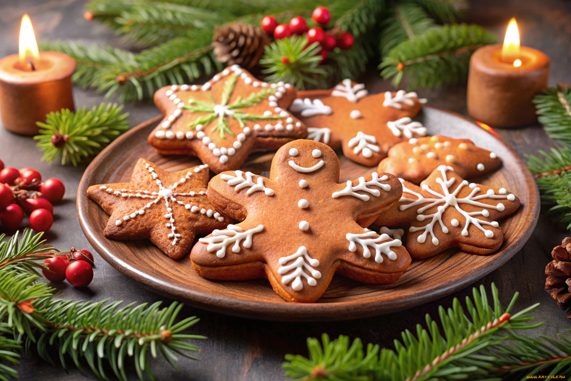 3д, графика, праздники, , holidays, свечи, еловые, ветки, пряники