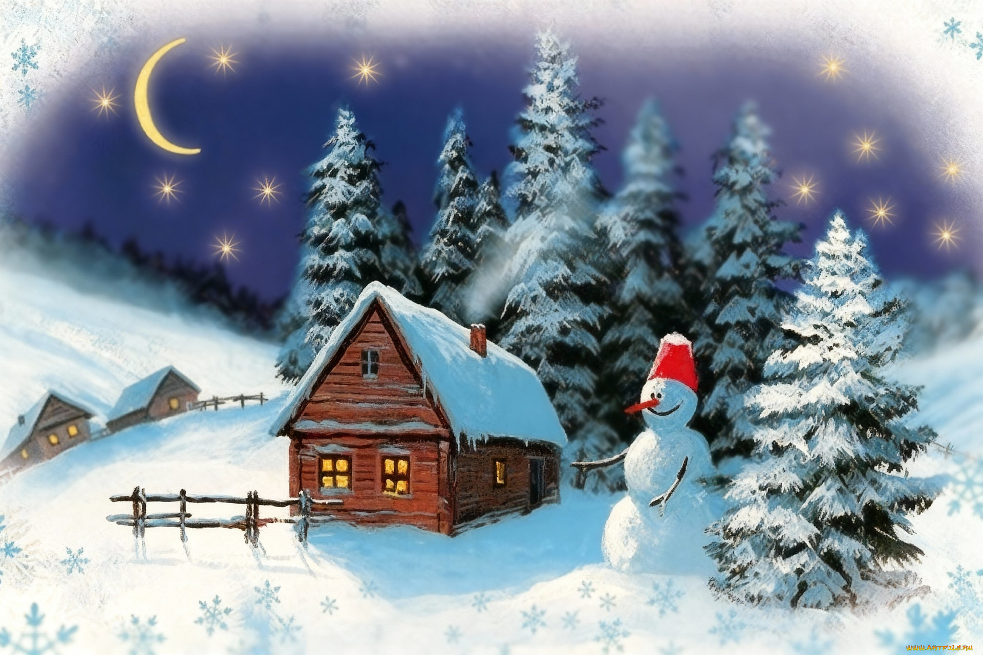 рисованное, праздники, пейзаж, новогодняя, снеговик