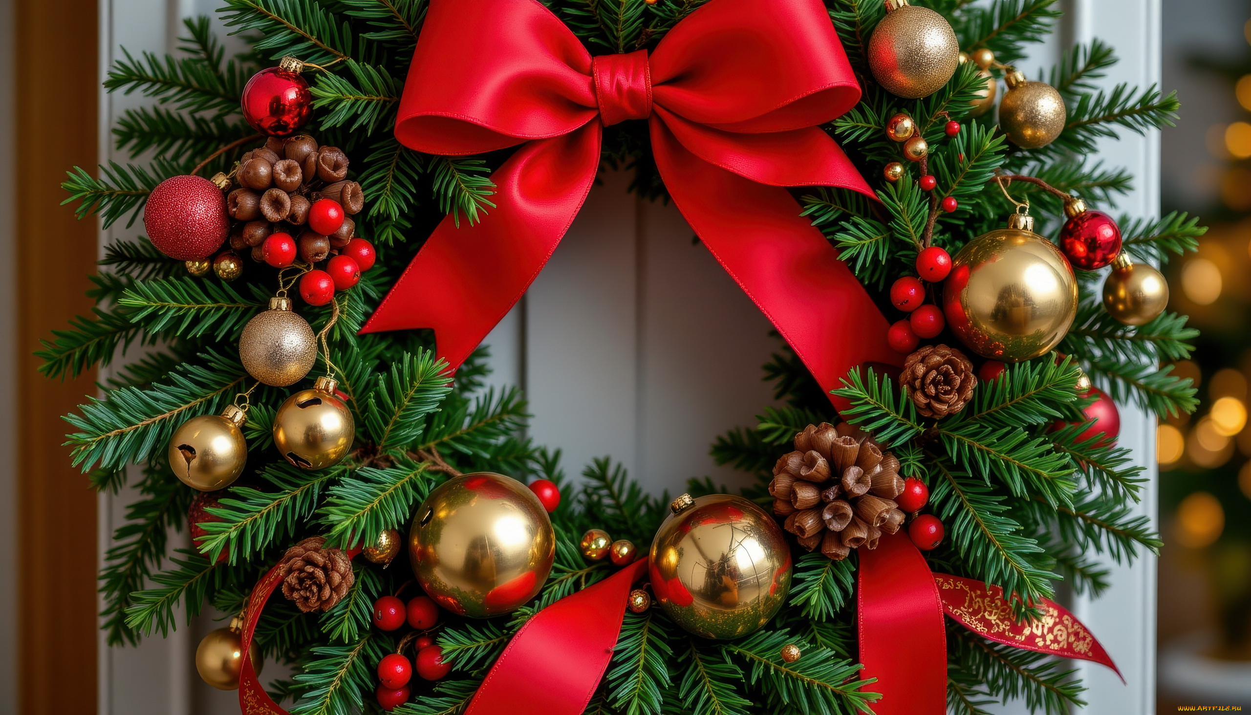 автор, wp, stl, 3д, графика, праздники, , holidays, рождественский, венок, шарики, алый, бант