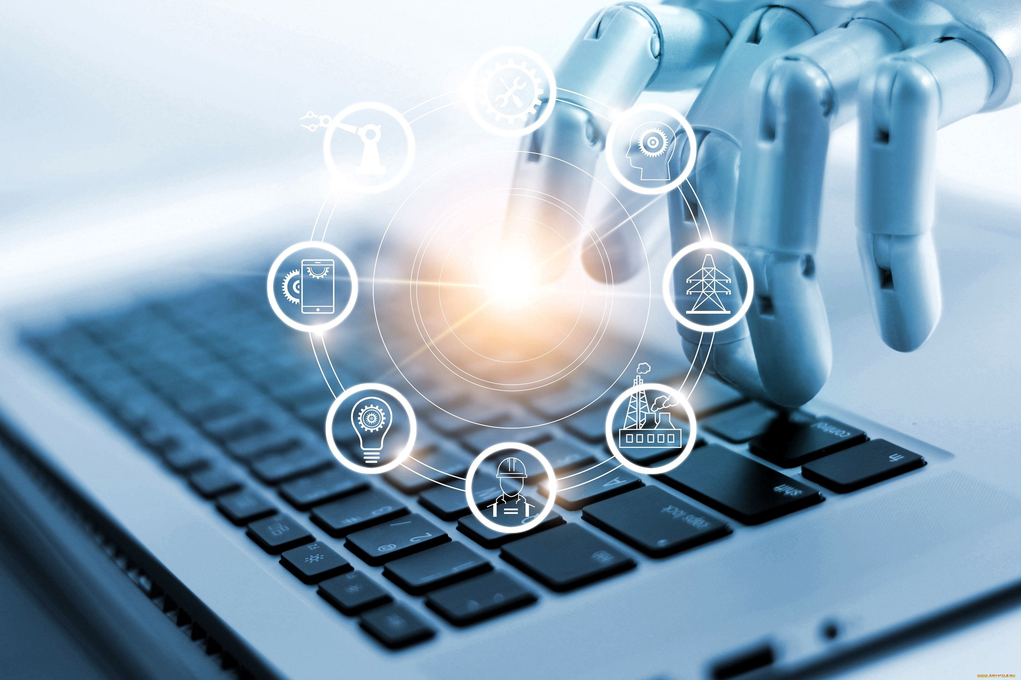 компьютеры, мониторы, , ноутбуки, клавиатура, значки, рука, робот