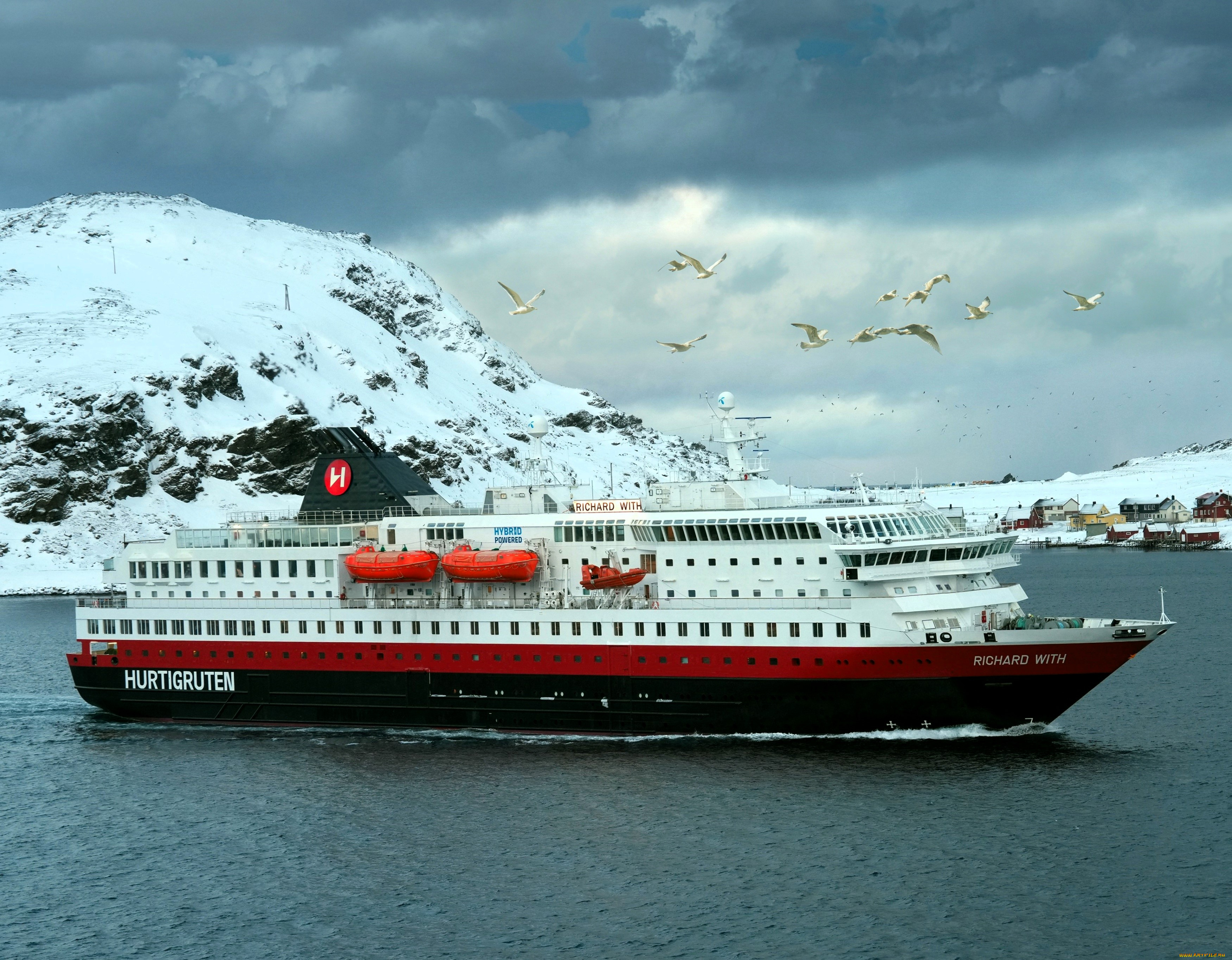 корабли, теплоходы, теплоход, море, горы, снег, зима, чайки, берег, норвегия