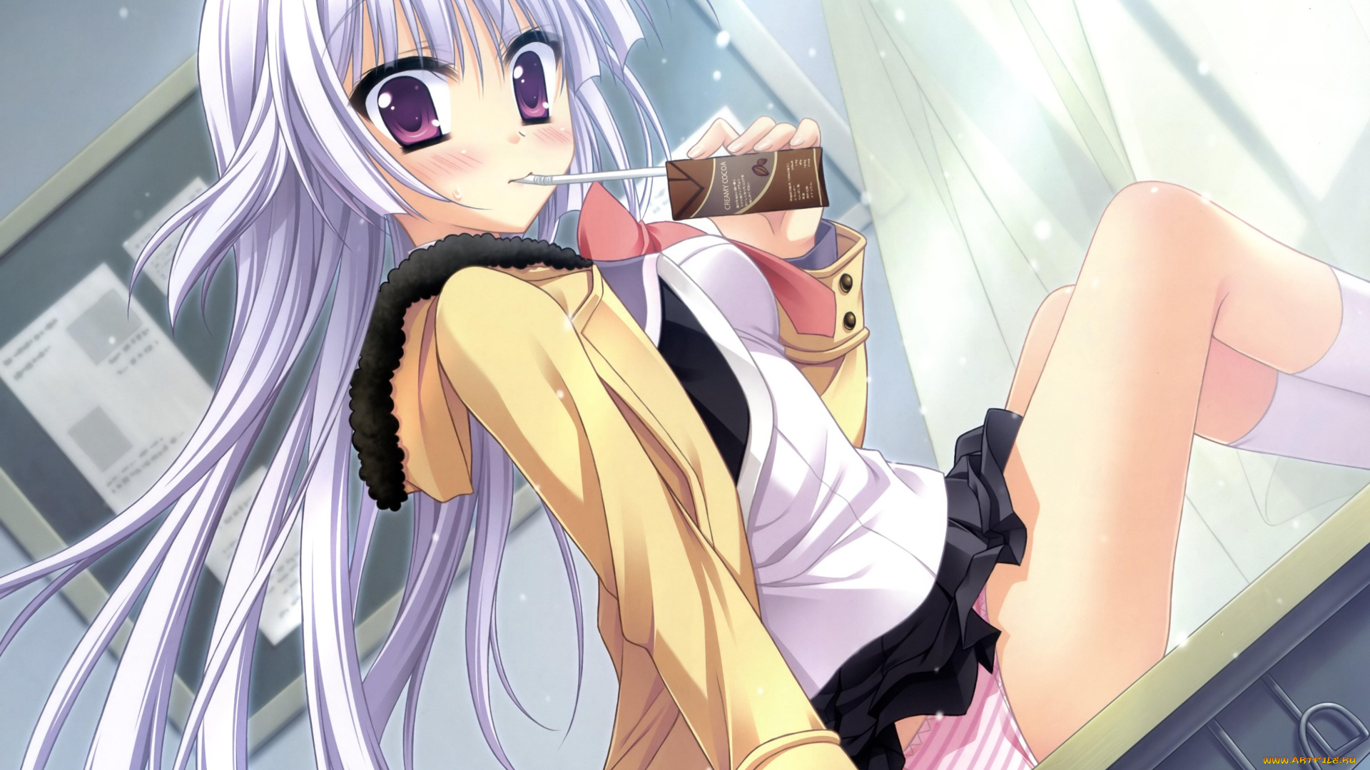 аниме, *unknown, другое, форма, парта, трусики, пьет, девушка