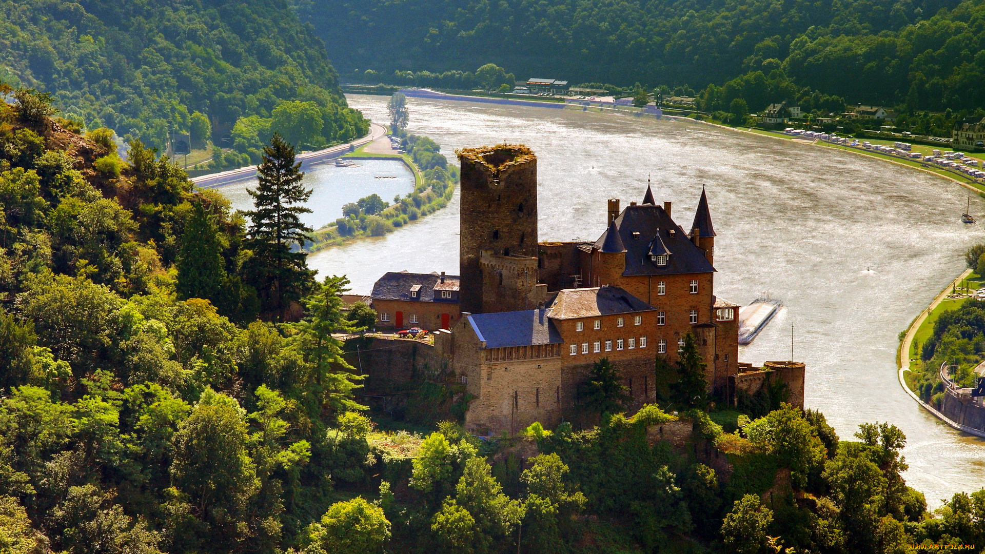 castle, katz, germany, города, дворцы, замки, крепости, замок, лес, река