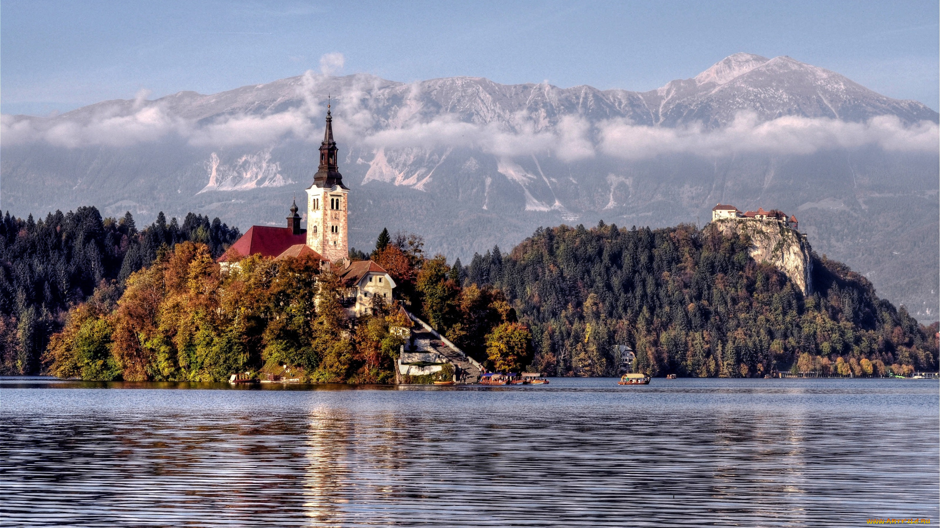 озеро, блед, словения, города, деревья, шпиль, остров