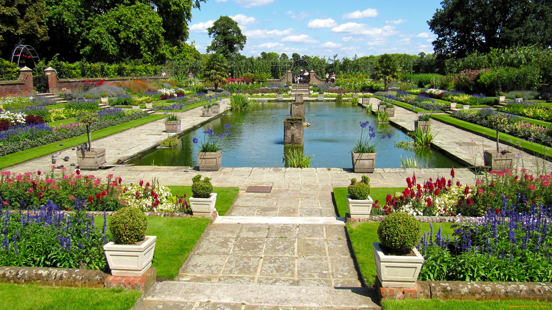 природа, парк, клумбы, цветы, дорожки, водоем