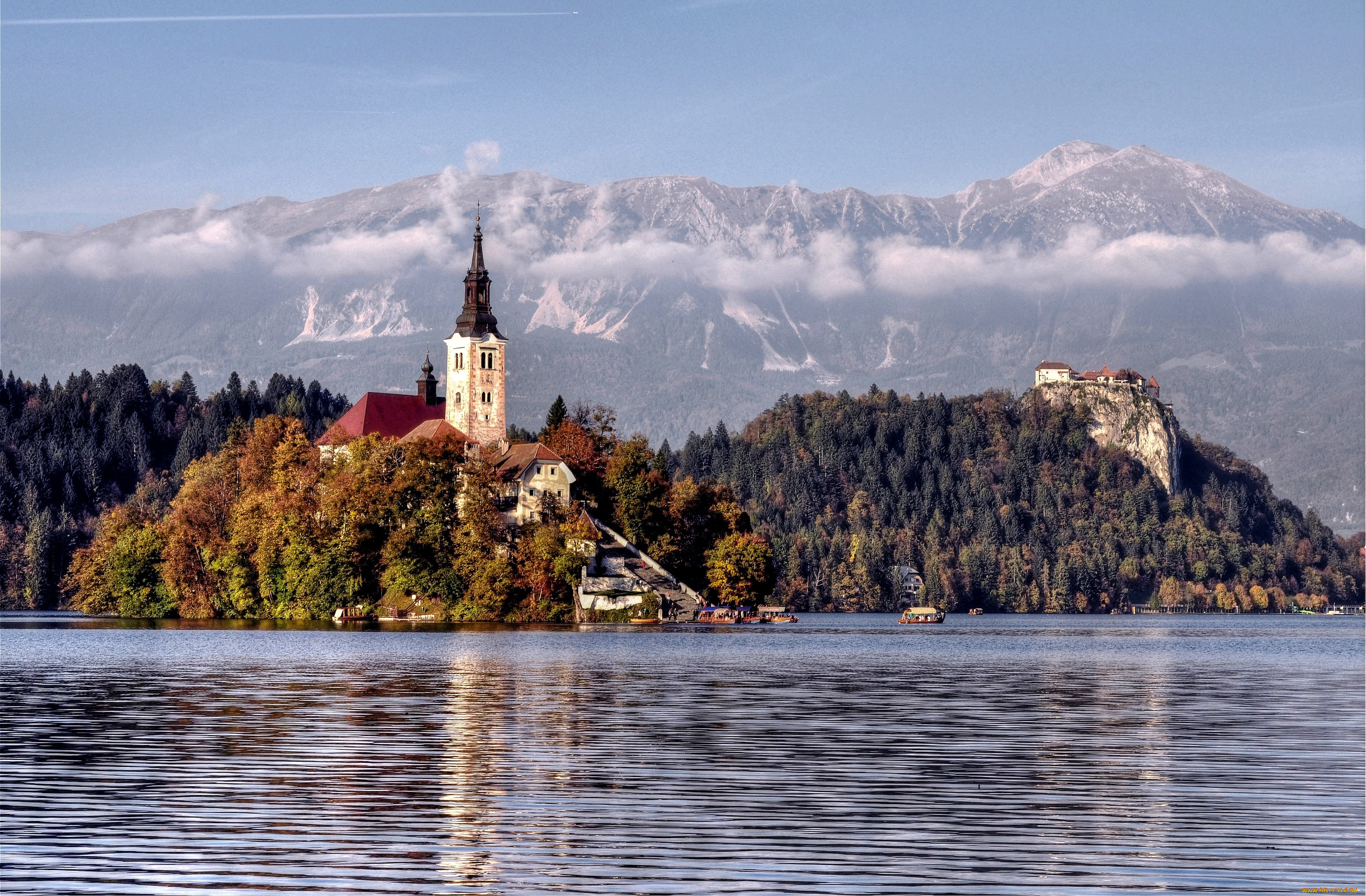 озеро, блед, словения, города, деревья, шпиль, остров