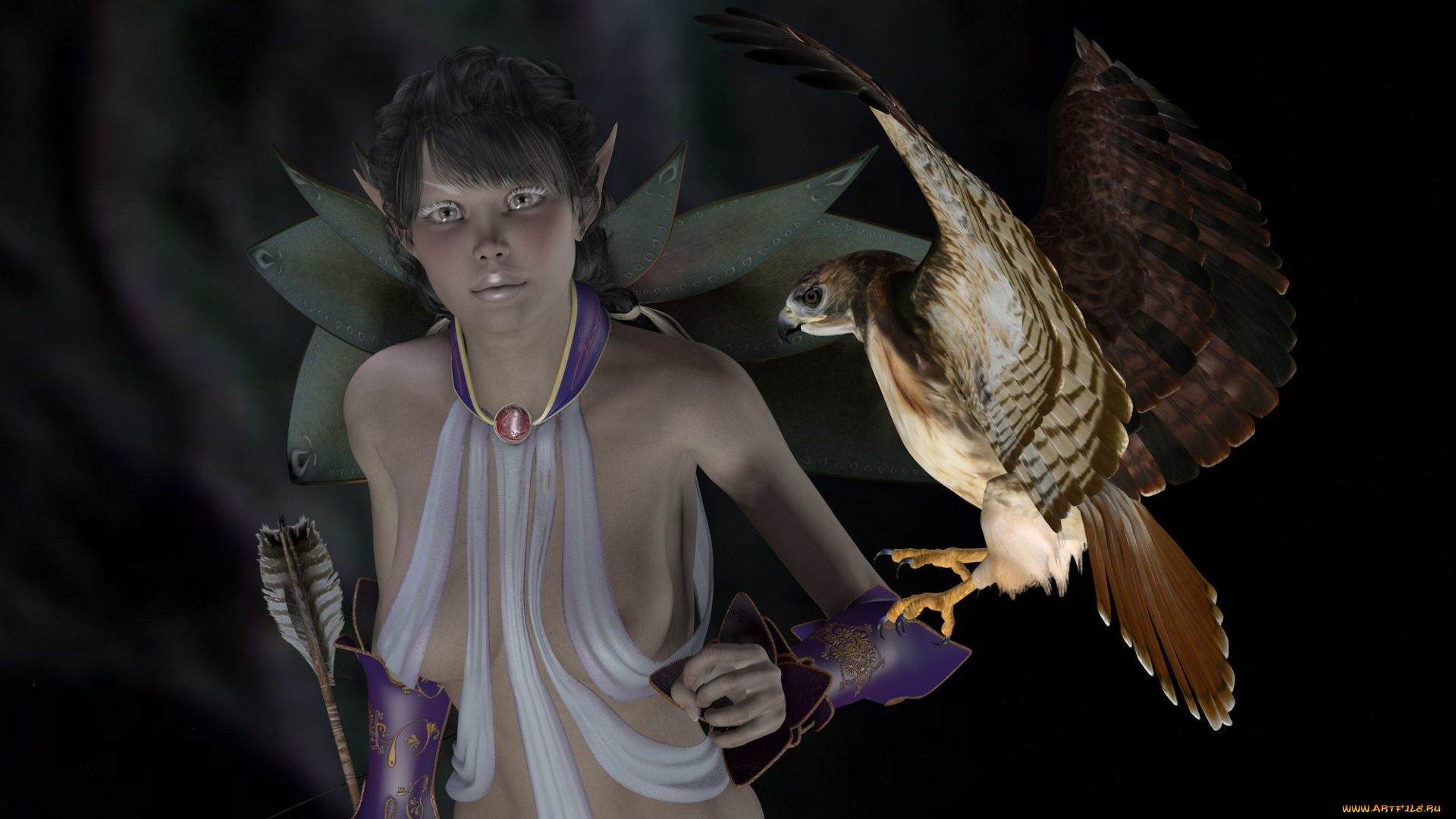 3д, графика, elves, эльфы, девушка, эльфийка, орел
