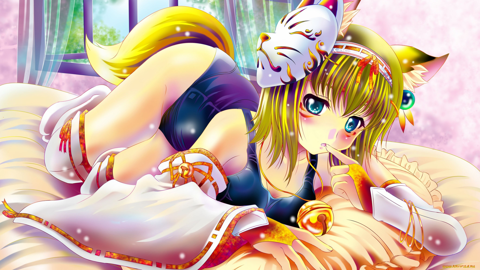 аниме, animals, кошечка, маска, бубенчик