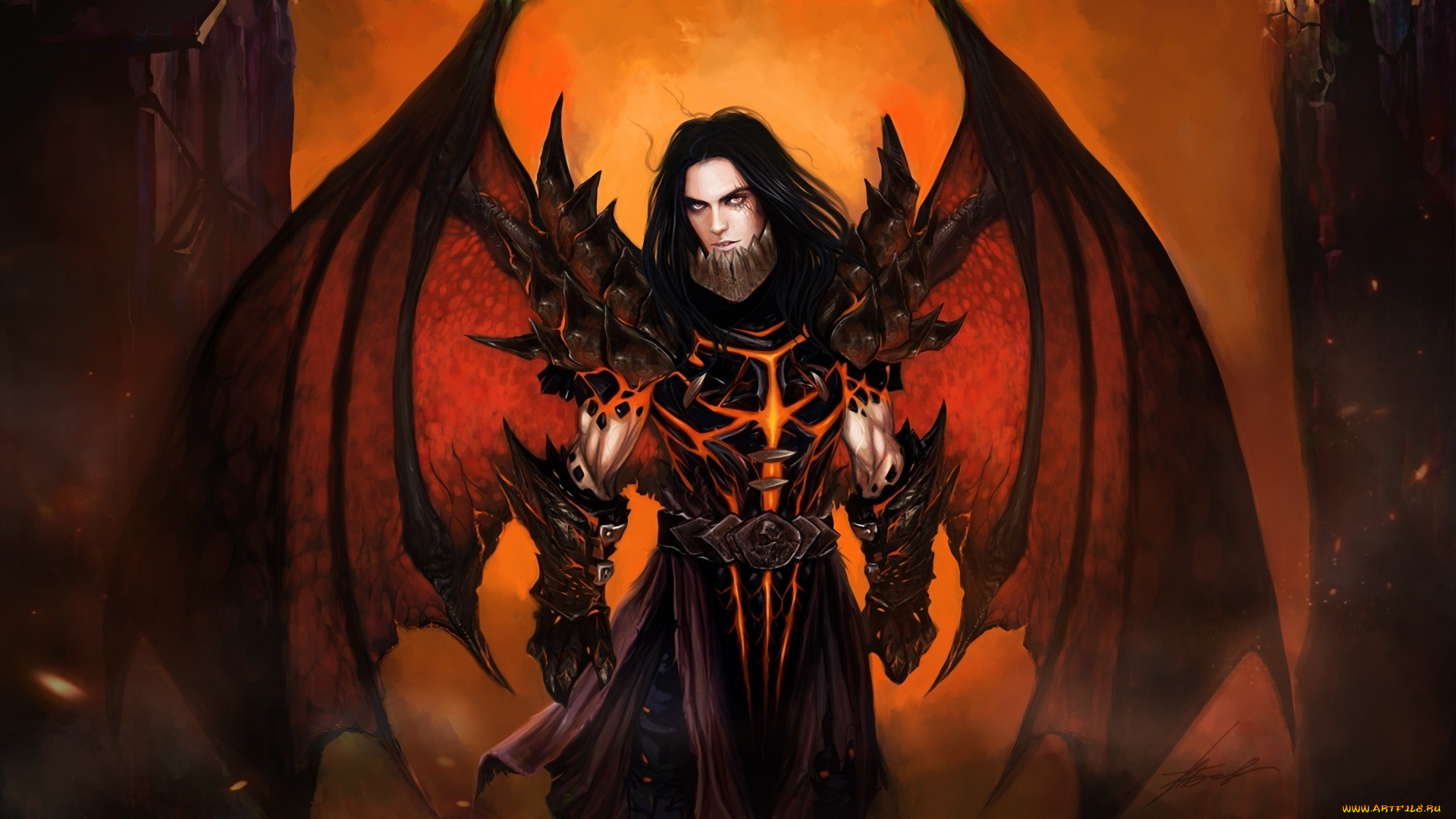 фэнтези, демоны, огонь, доспехи, крылья, мужчина