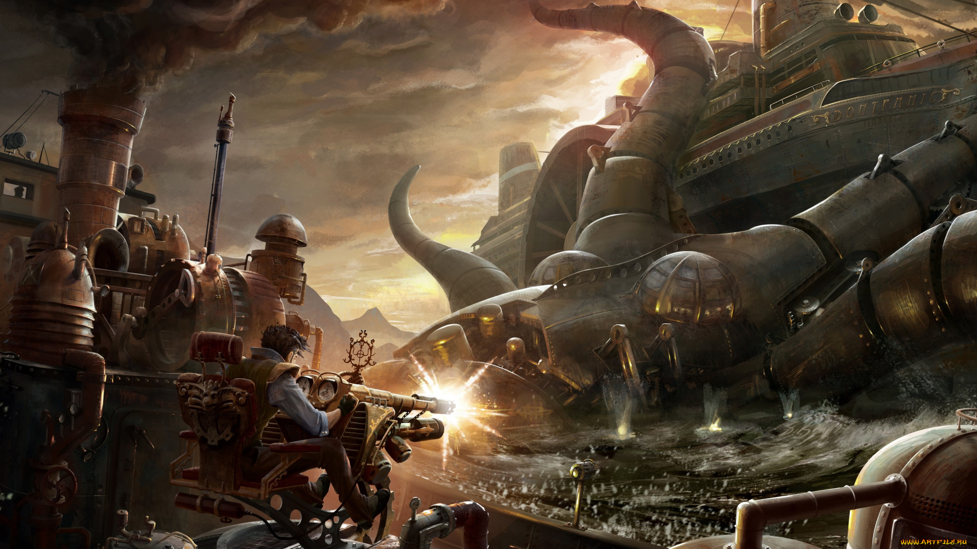фэнтези, роботы, , киборги, , механизмы, стимпанк, стрелок, пулемет, стрельба, осьминог, пароход, арт, alex, broeckel