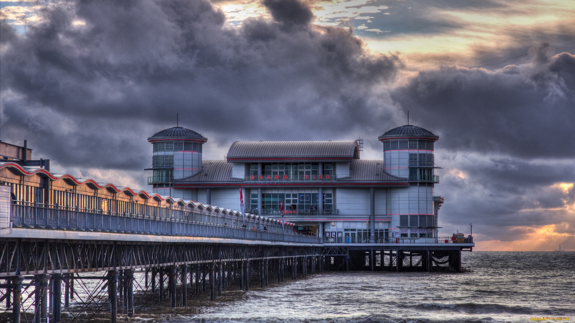 weston-super-mare, pier, города, -, здания, , дома, море, тучи, пирс, вокзал