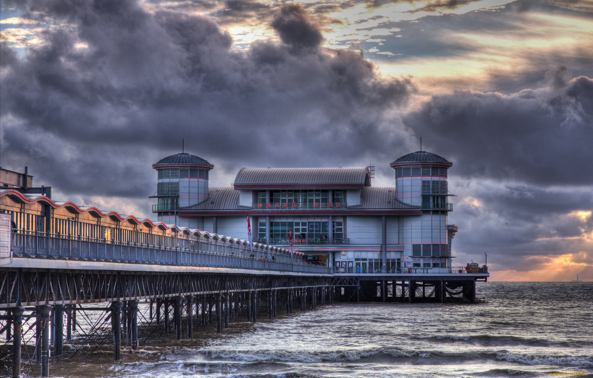 weston-super-mare, pier, города, -, здания, , дома, море, тучи, пирс, вокзал