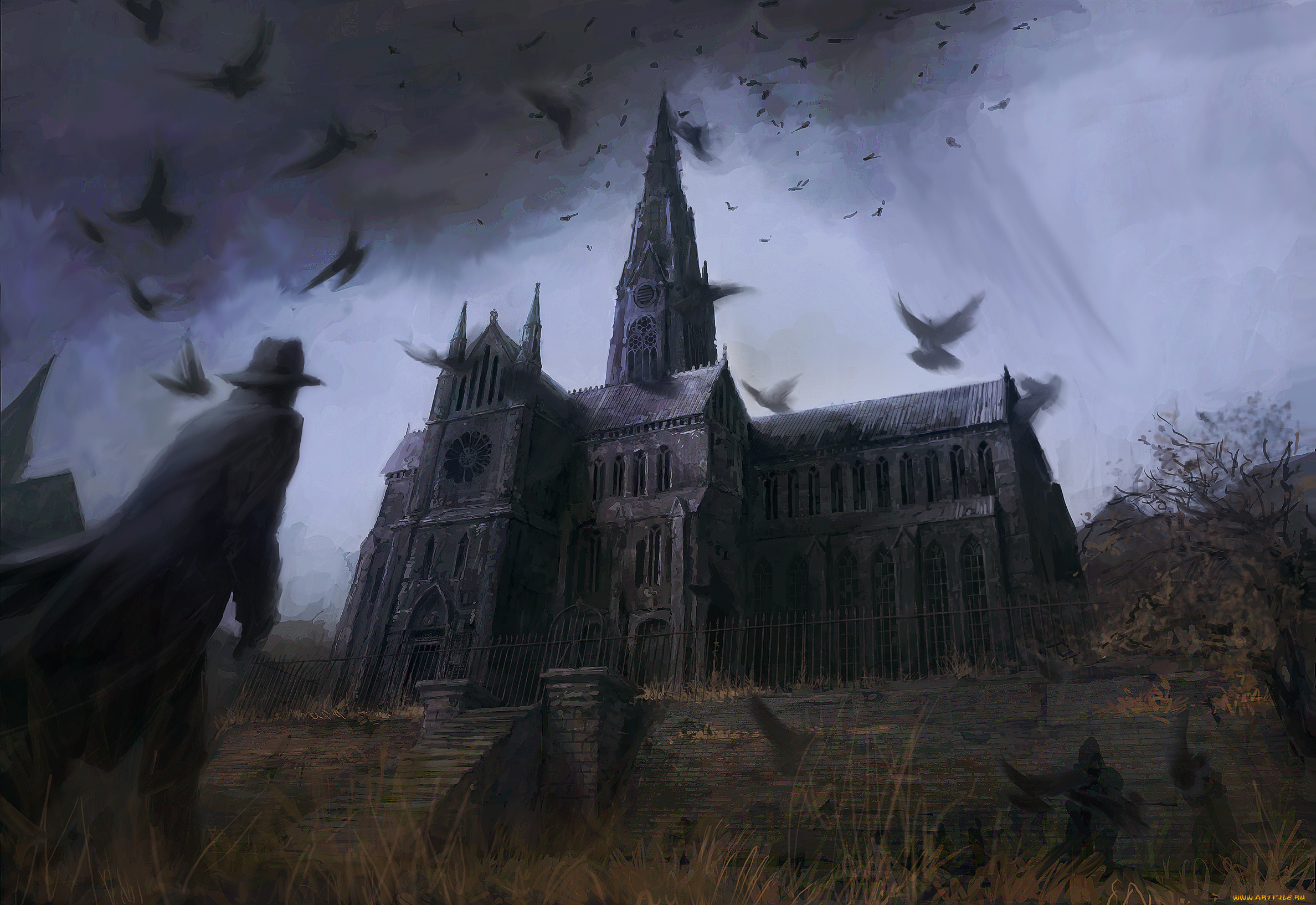 фэнтези, иные, миры, , иные, времена, человек, забор, дворец, вороны, готика
