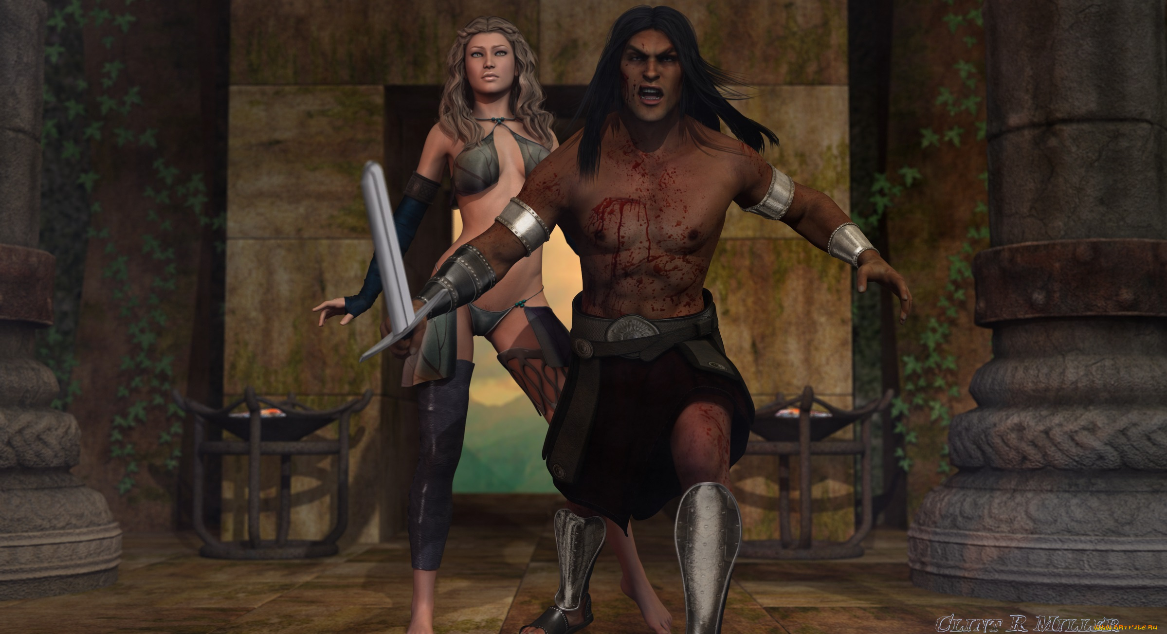 3д, графика, fantasy, , фантазия, меч, мужчина, девушка