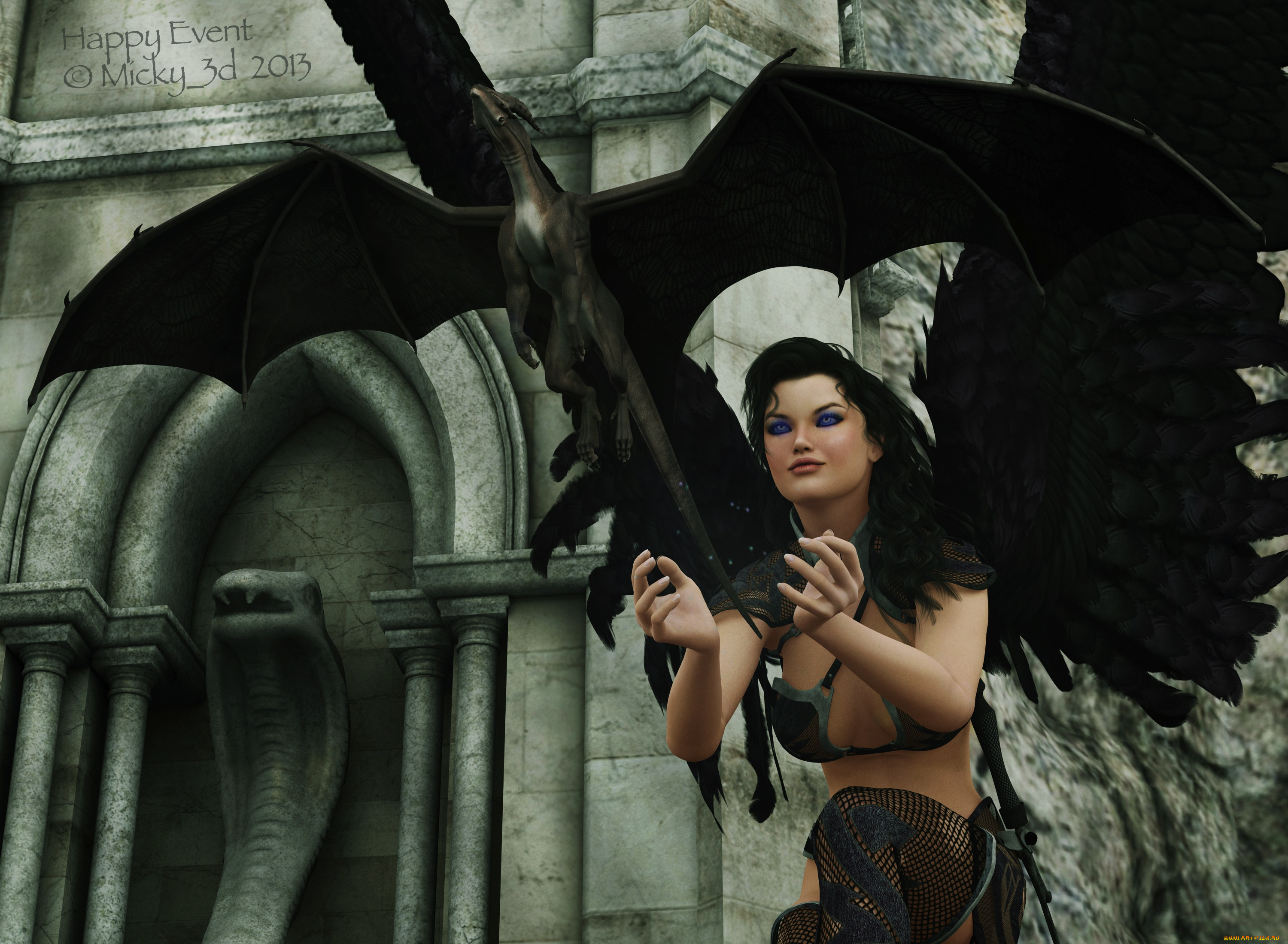 3д, графика, creatures, , существа, девушка, крылья, феникс