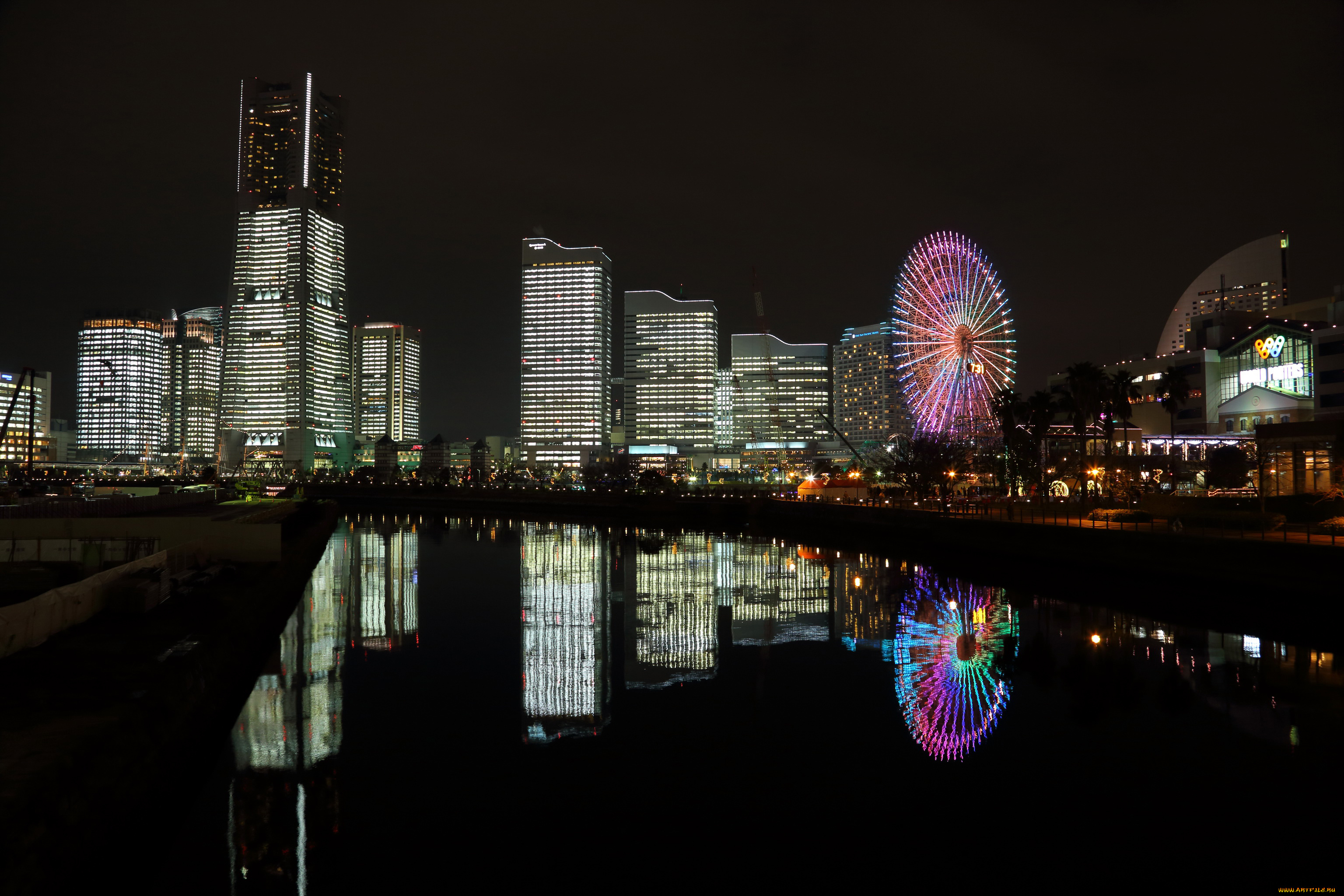 yokohama, , Япония, города, йокогама, , Япония, yokohama, япония, ночь, огни, река, дома