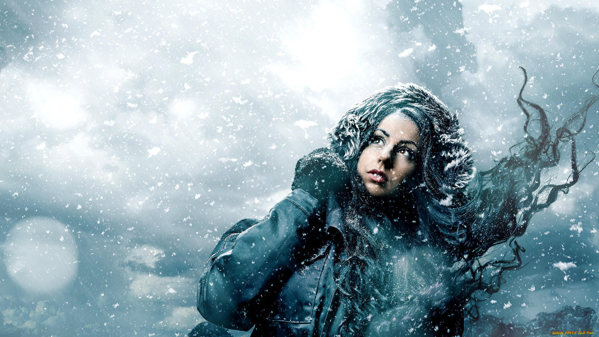 девушки, -unsort, , креатив, девушка, зима, ветер, куртка, снежинки, снег