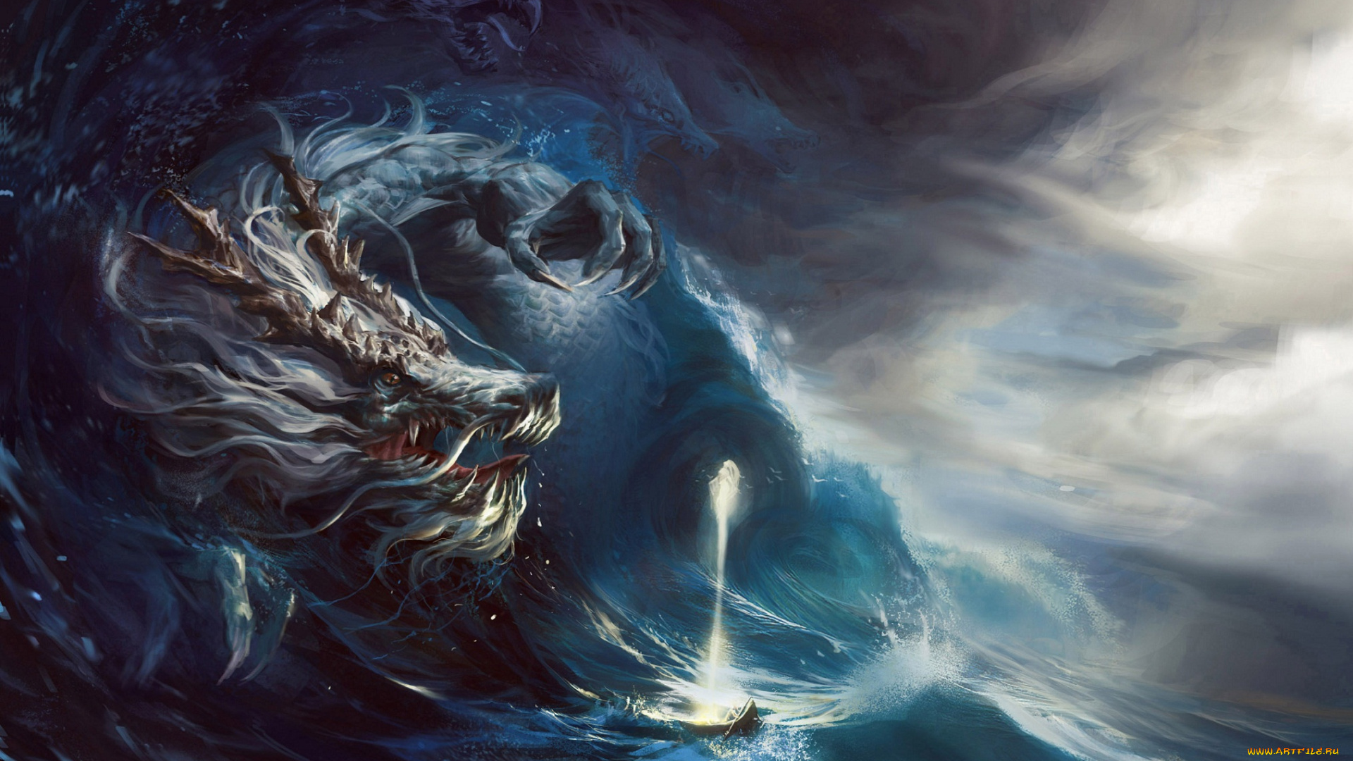 фэнтези, драконы, магия, душа, лодка, шторм, существа, дракон, волны, море, арт