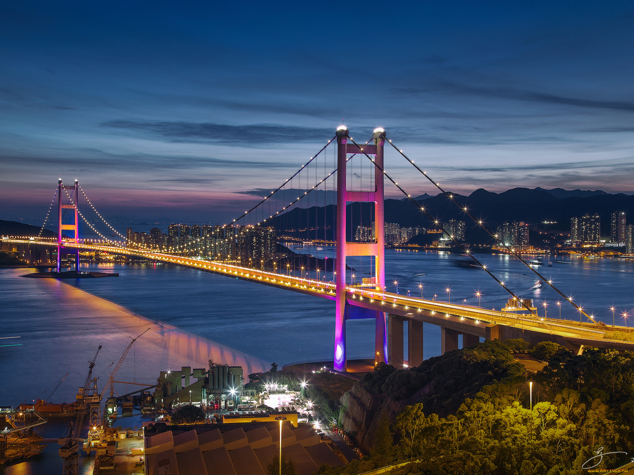 города, -, мосты, мост, море, ночь, освещение, огни, сянган, гонконг