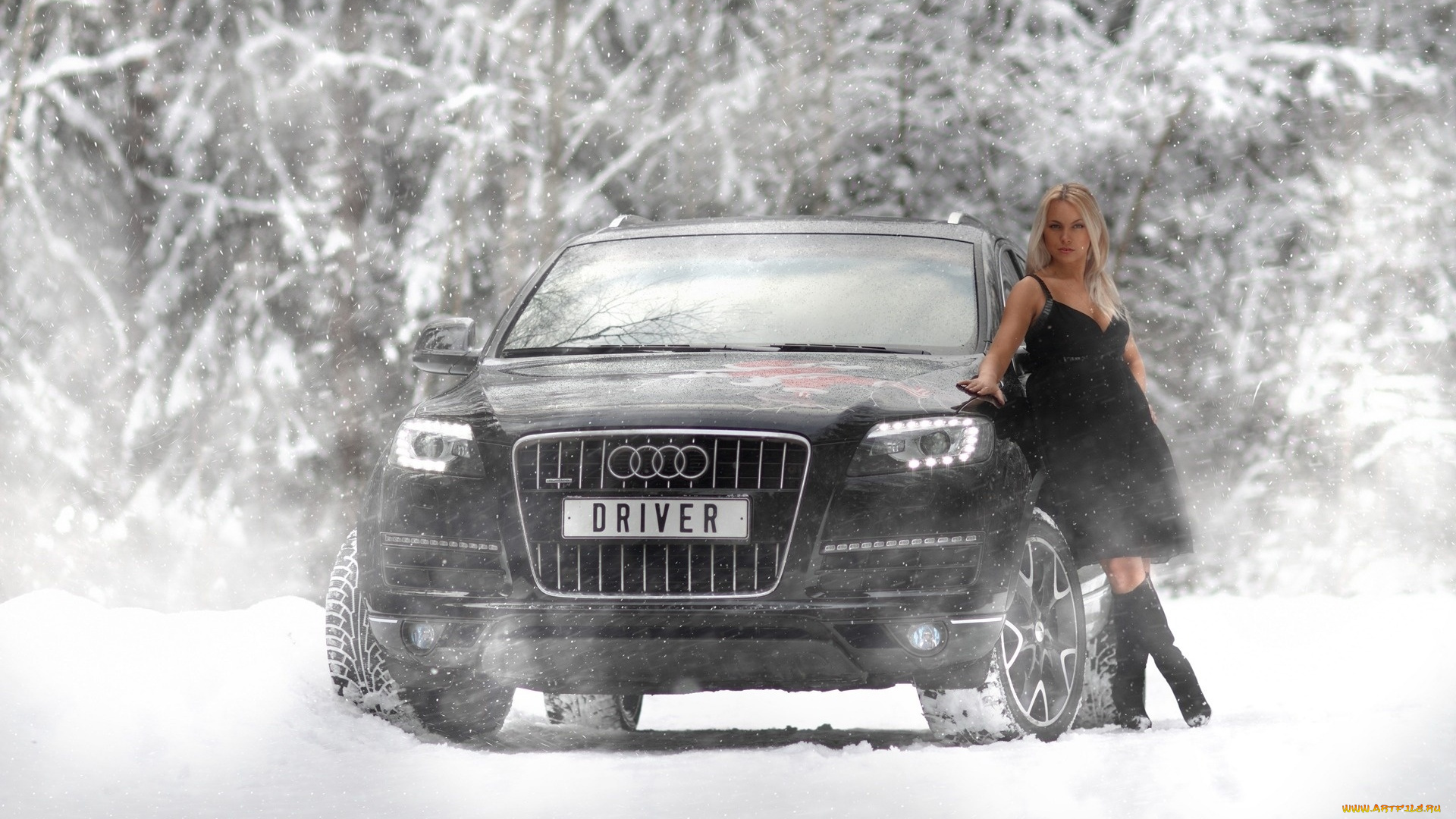 автомобили, -авто, с, девушками, лес, автомобиль, фон, взгляд, снег, девушка
