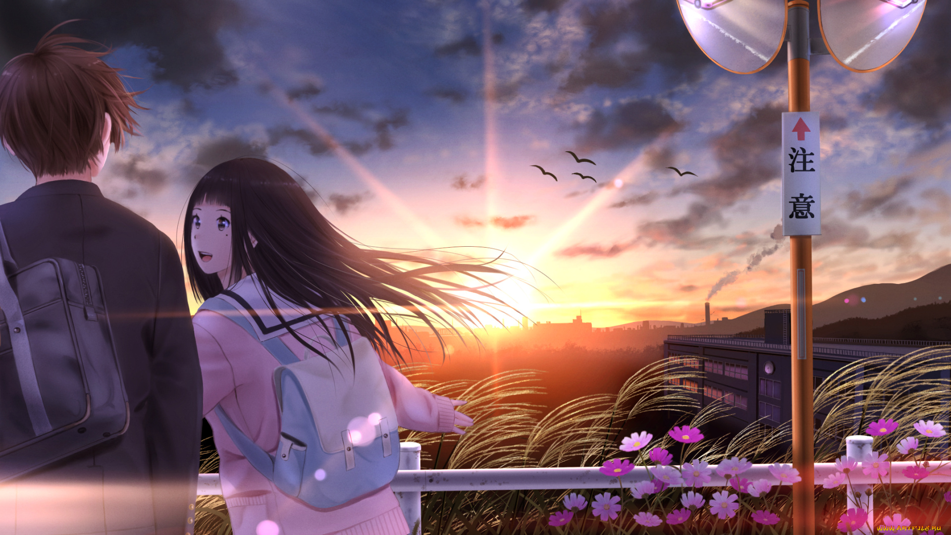 аниме, город, , улицы, , здания, фон, девушка, взгляд, парень