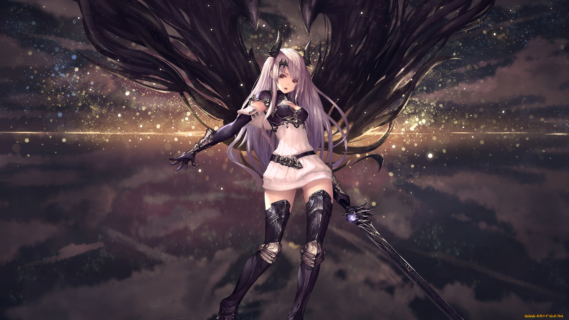 аниме, shingeki, no, bahamut, закат, облака, tachikawa, mushimaro, рога, небо, девушка, меч, вода, демон, арт, крылья, shingeki, no, bahamut, bimo, оружие