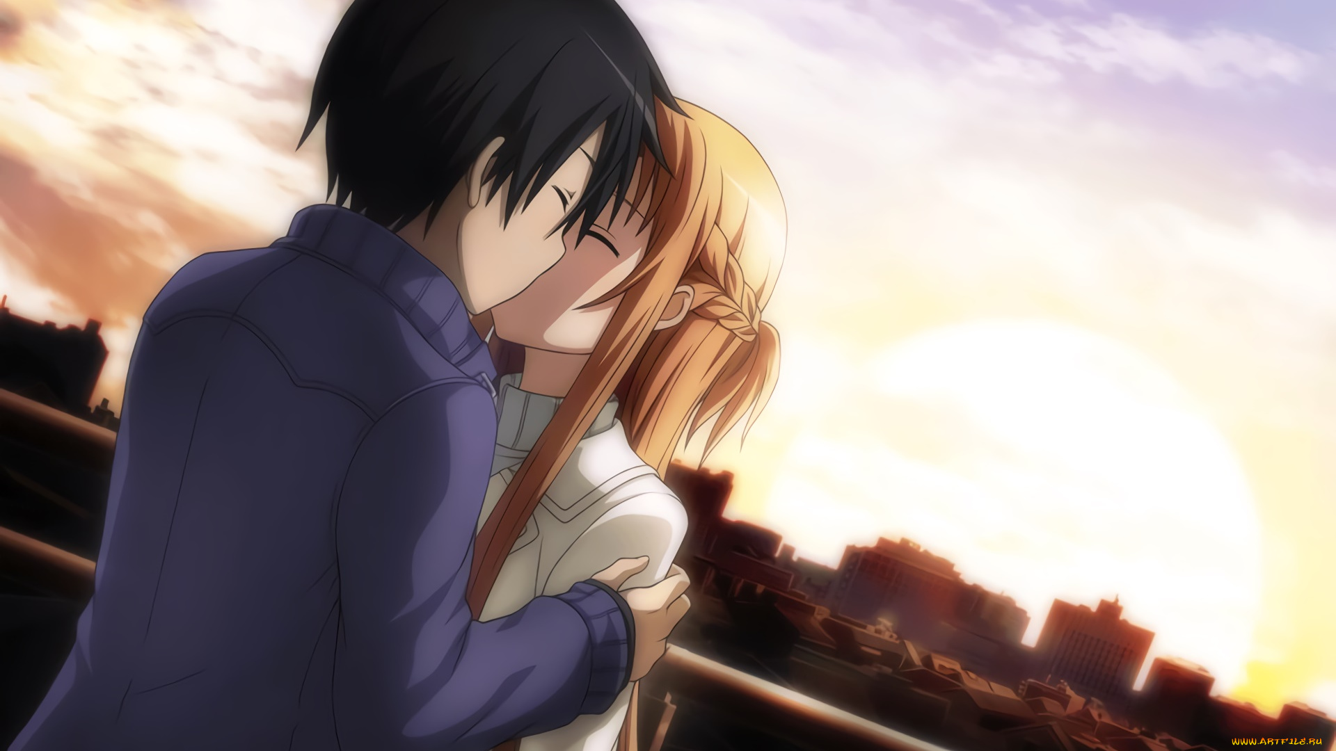 аниме, sword, art, online, парень, фон, взгляд, девушка