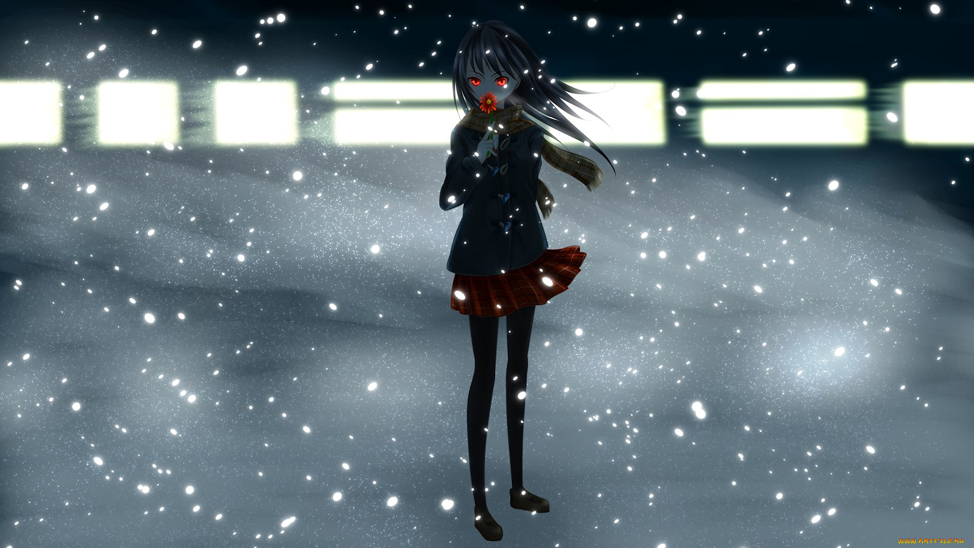 аниме, зима, , новый, год, , рождество, девушка, взгляд, фон