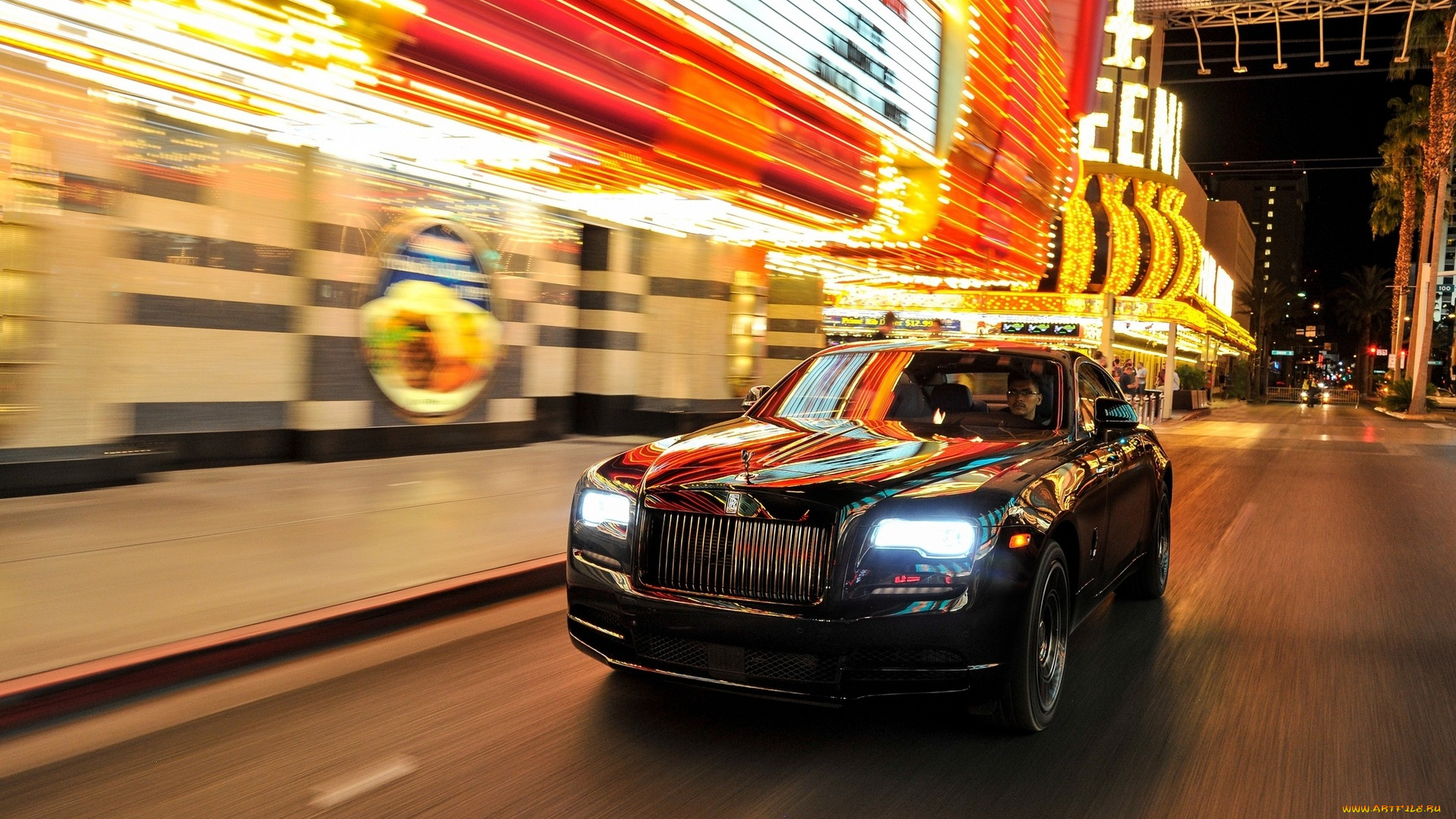 автомобили, rolls-royce, роллс-ройс, город, черный, дорога, улица, огни