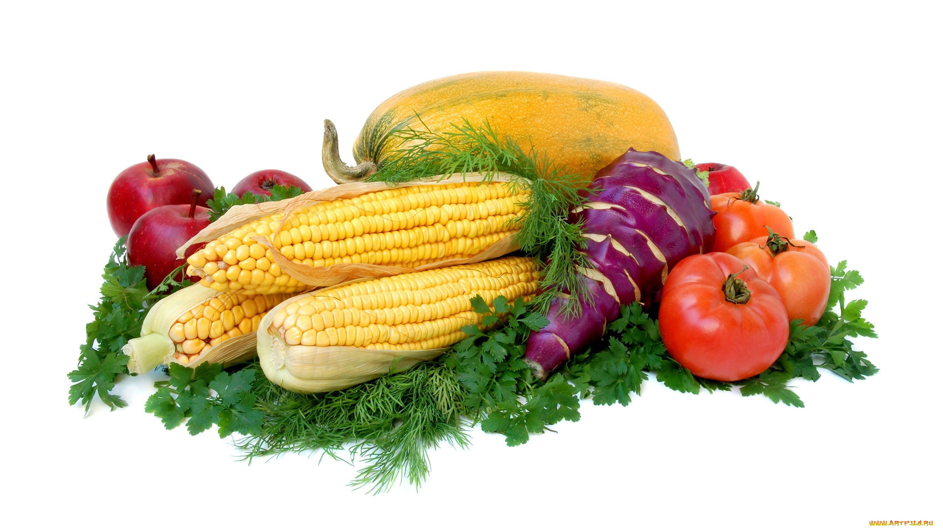 еда, фрукты, и, овощи, вместе, яблоки, тыква, кукуруза, кольраби, петрушка, помидоры, томаты