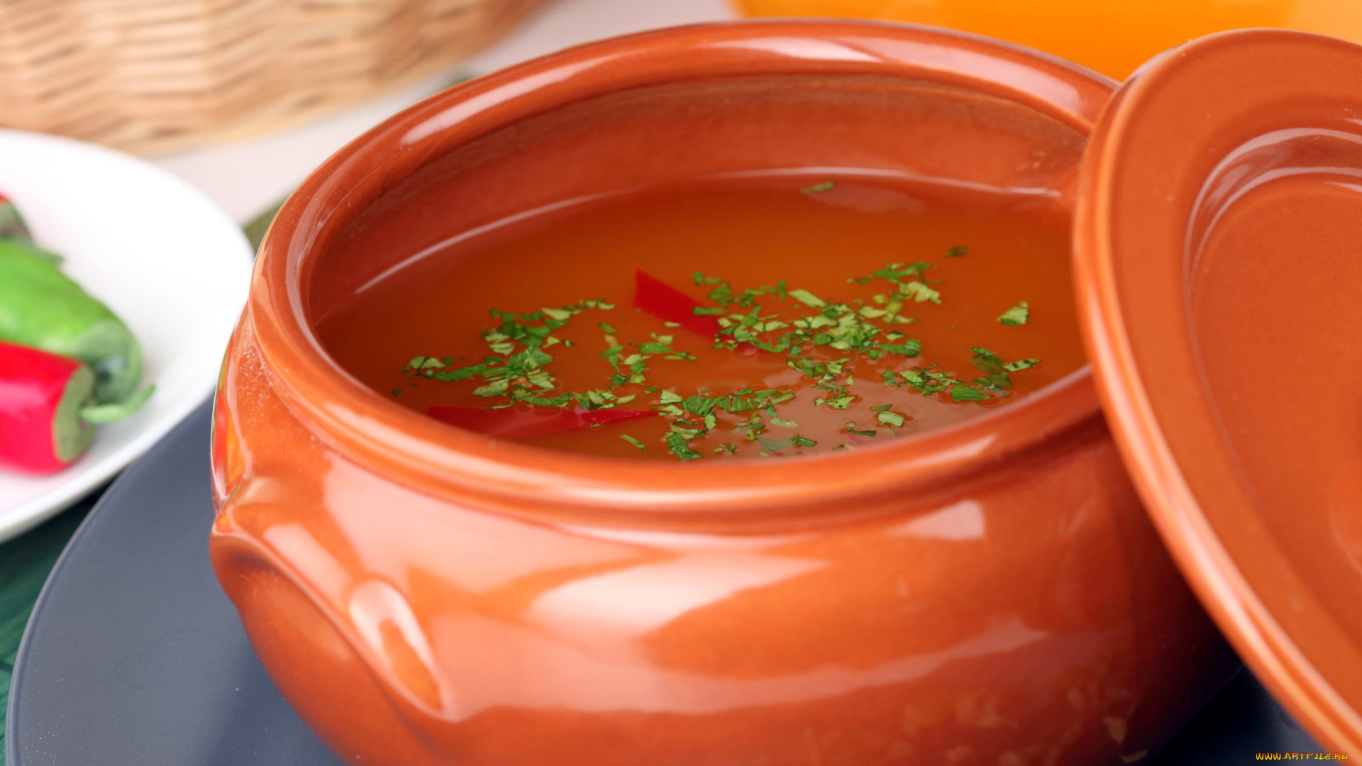 еда, первые, блюда, горшочек, суп, зелень