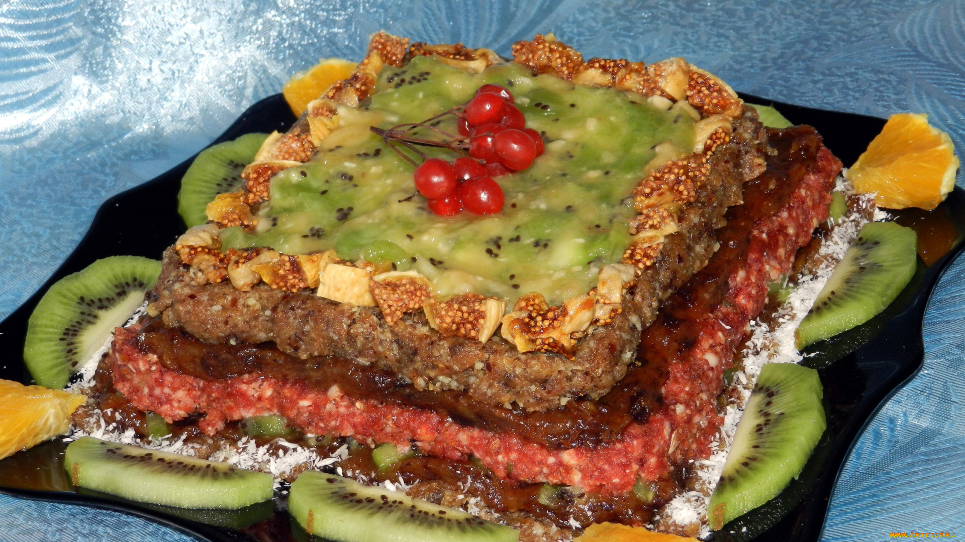 еда, пироги, многослойный, киви, апельсин