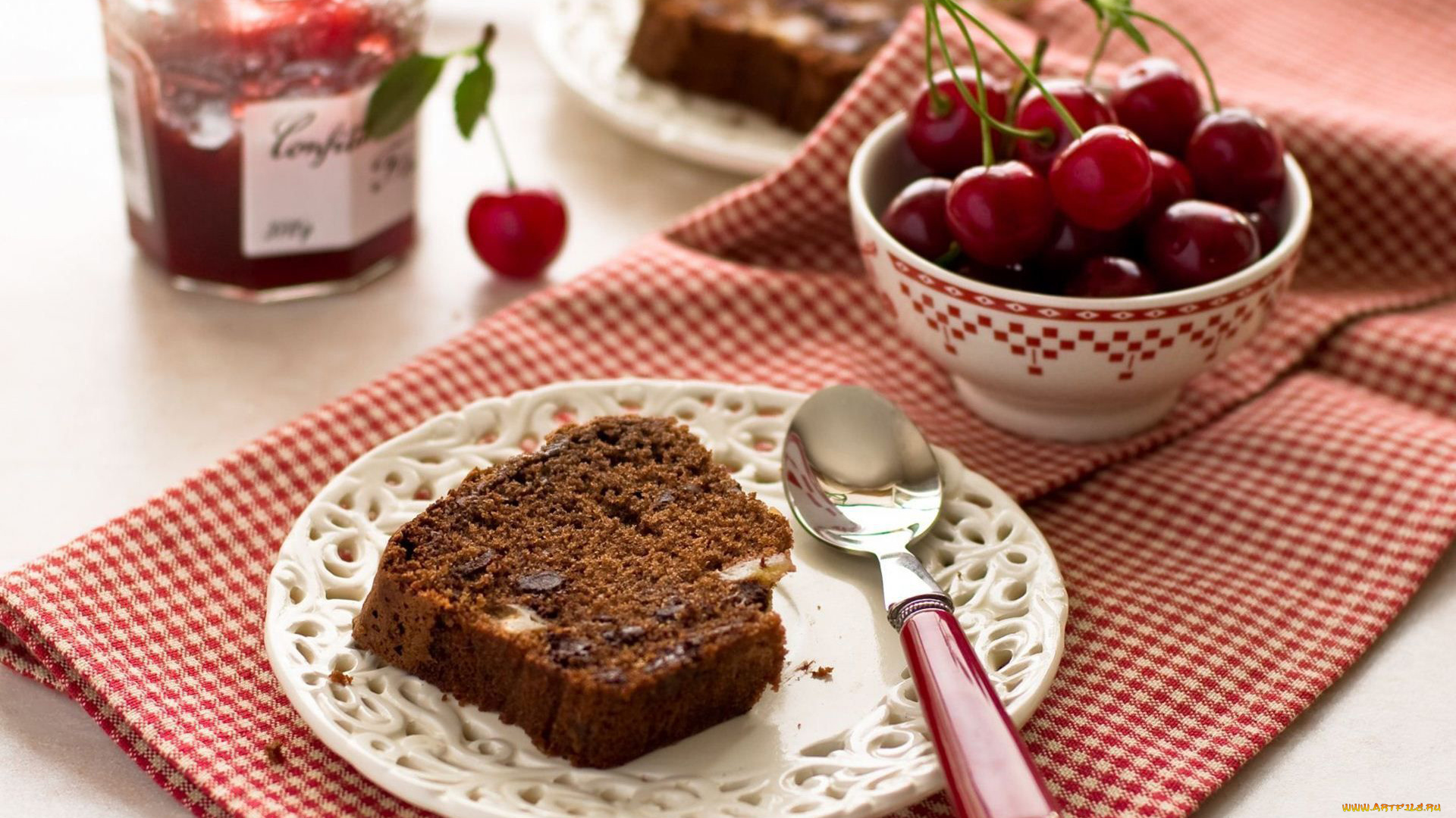 еда, пироги, вишни, ломтик, пирог, джем