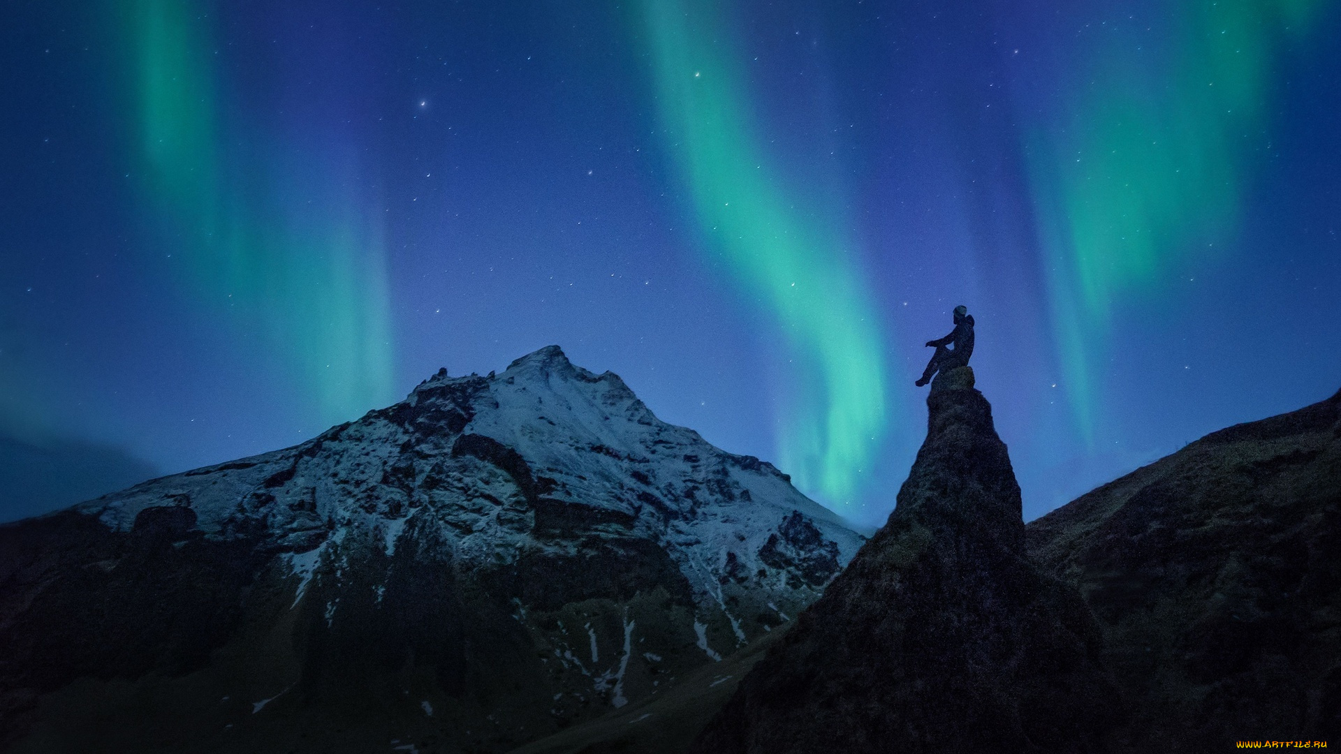 природа, северное, сияние, горы, человек, небо, звезды, сияние