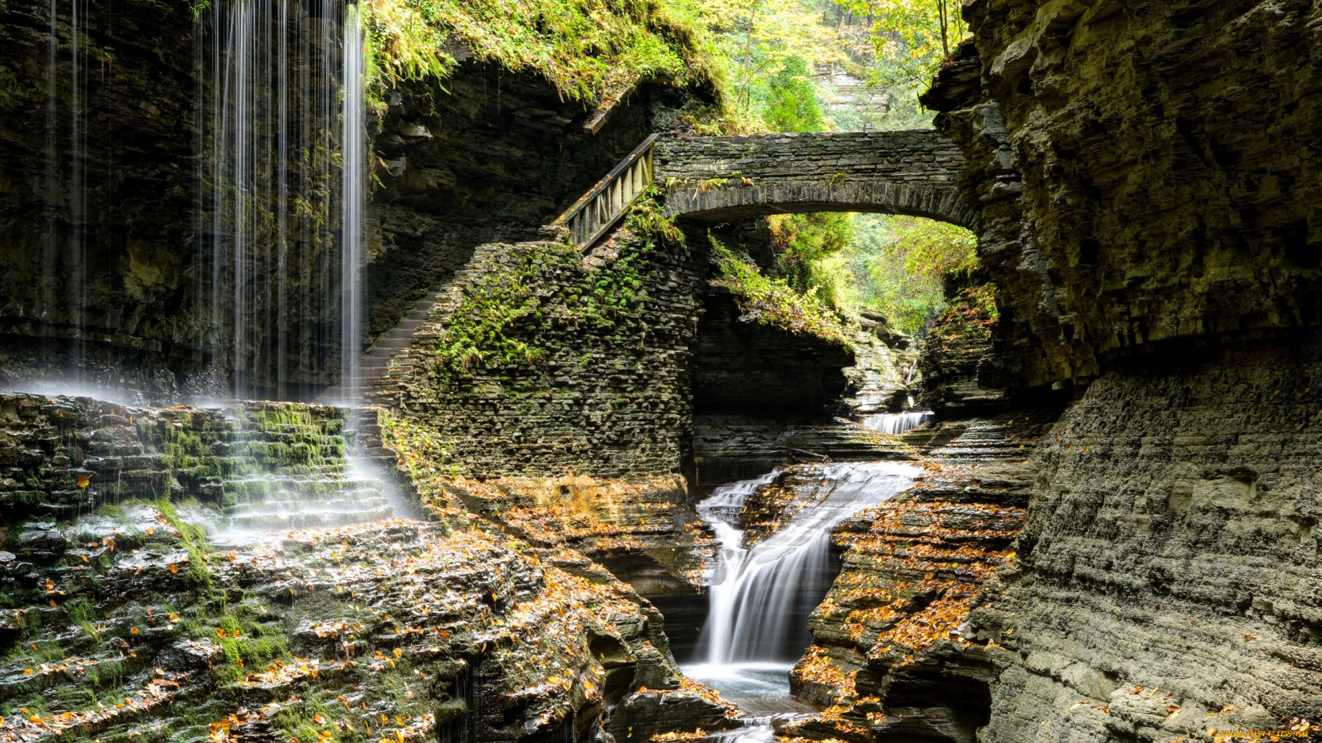 природа, водопады, мостик, ступени, поток