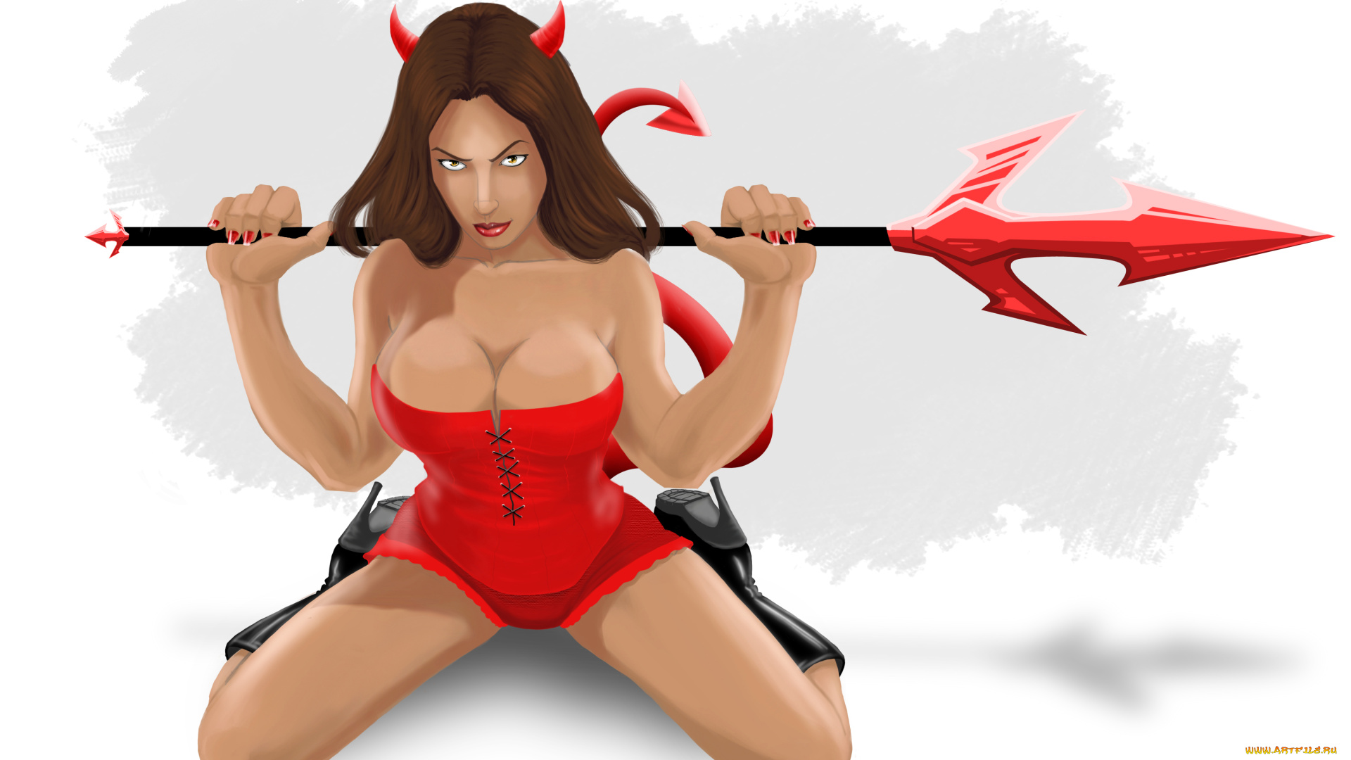 рисованное, комиксы, фон, девушка, униформа, рога, взгляд