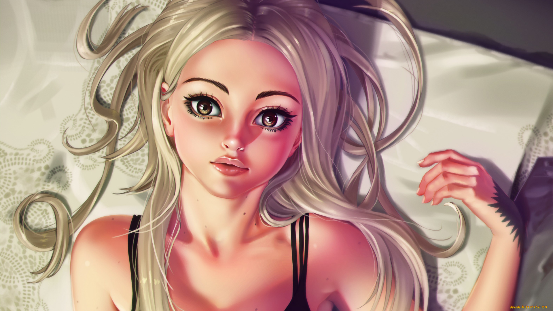 рисованное, люди, девушка, губы, глаза, блондинка, рука, лицо, волосы, взгляд, красота, лежит, постель