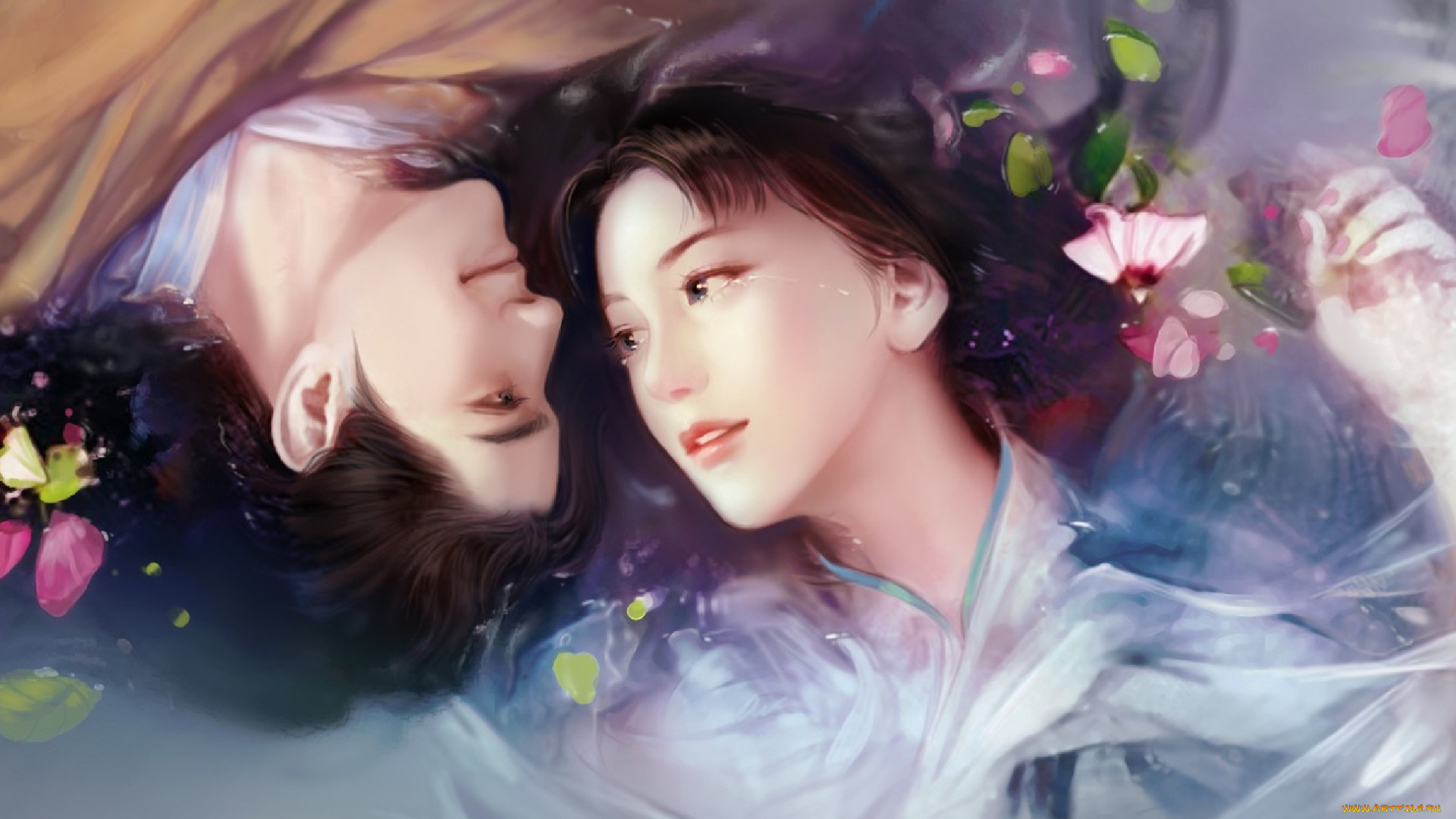 рисованное, люди, девушка, взгляд, фон, парень