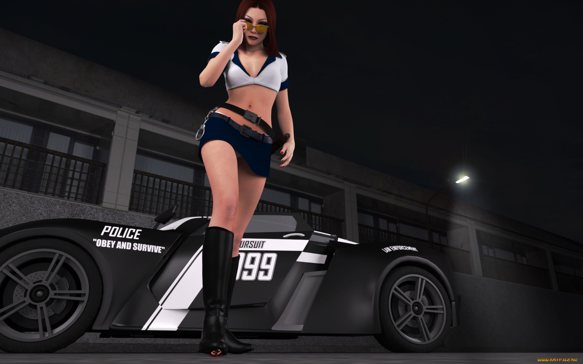 3д, графика, люди, , people, взгляд, машина, полицейский, фон, девушка