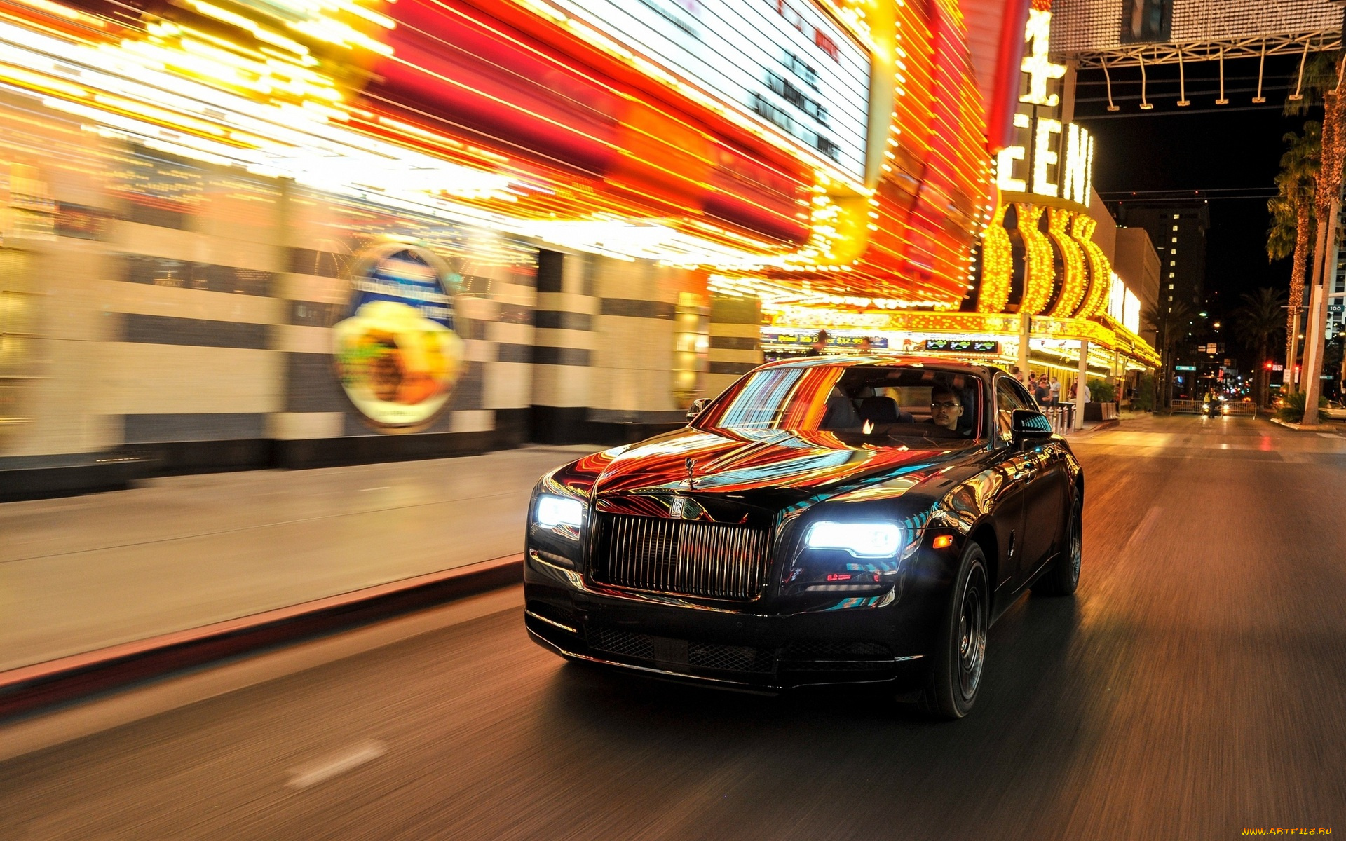 автомобили, rolls-royce, роллс-ройс, город, черный, дорога, улица, огни