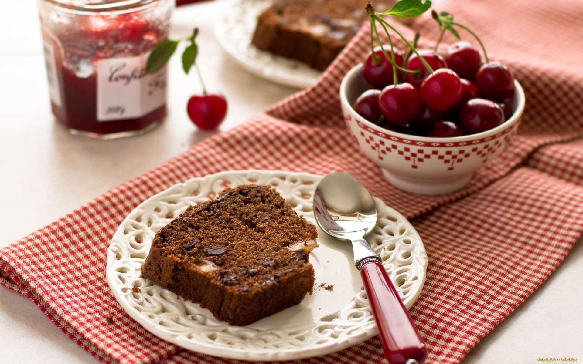 еда, пироги, вишни, ломтик, пирог, джем