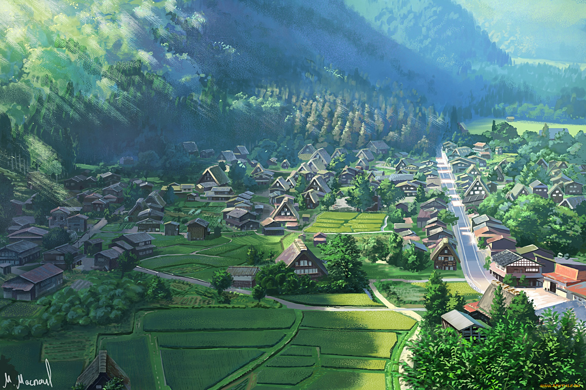 аниме, город, , улицы, , здания, улица, дома